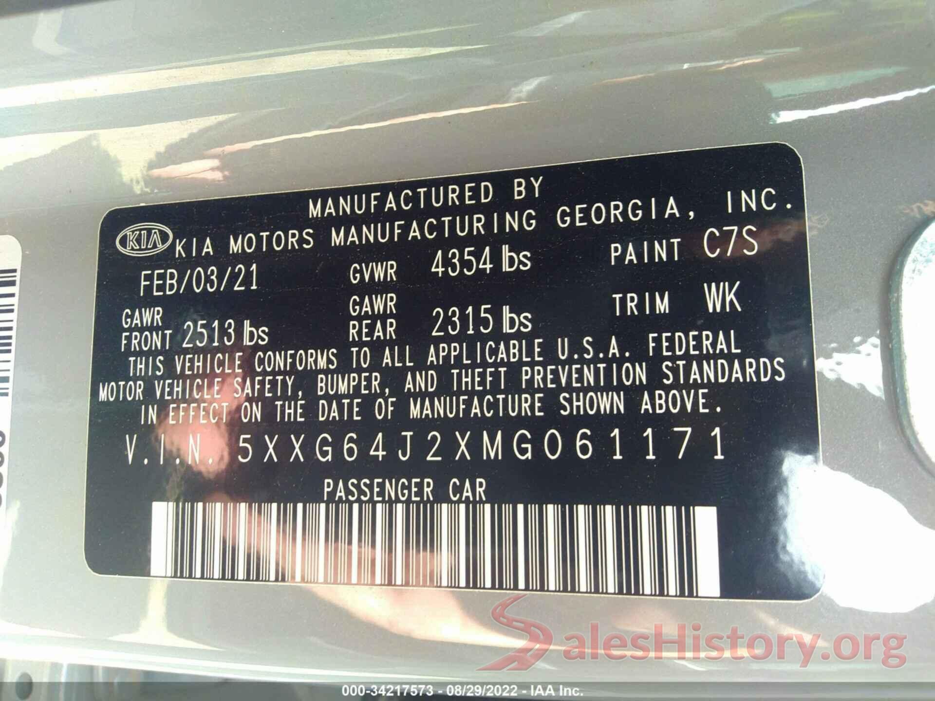 5XXG64J2XMG061171 2021 KIA K5