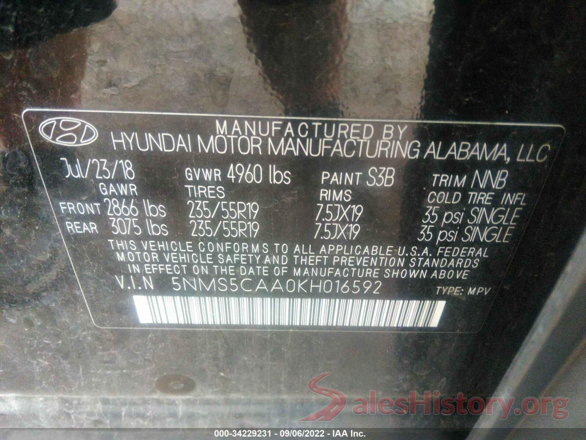 5NMS5CAA0KH016592 2019 HYUNDAI SANTA FE