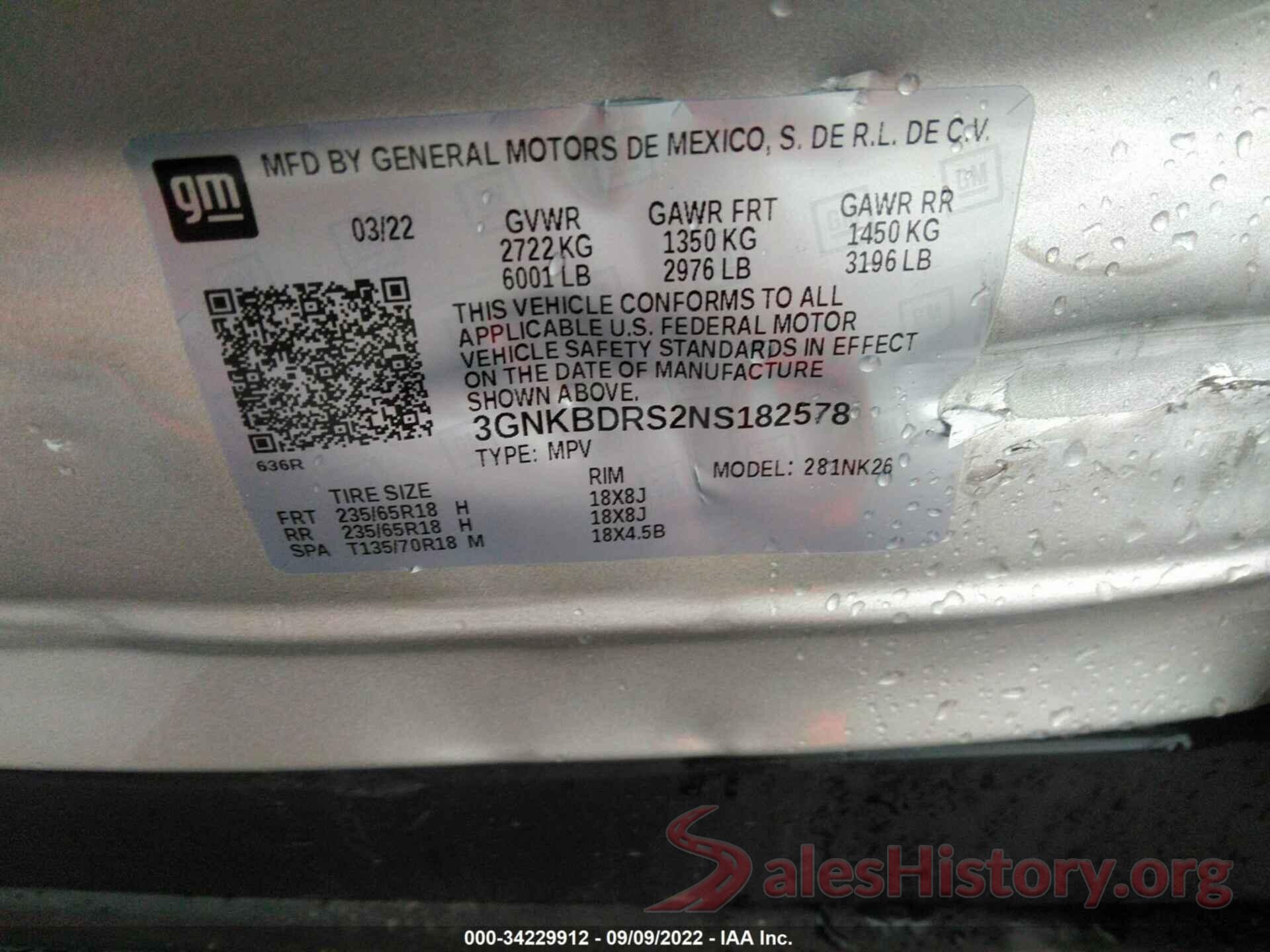 3GNKBDRS2NS182578 2022 CHEVROLET BLAZER