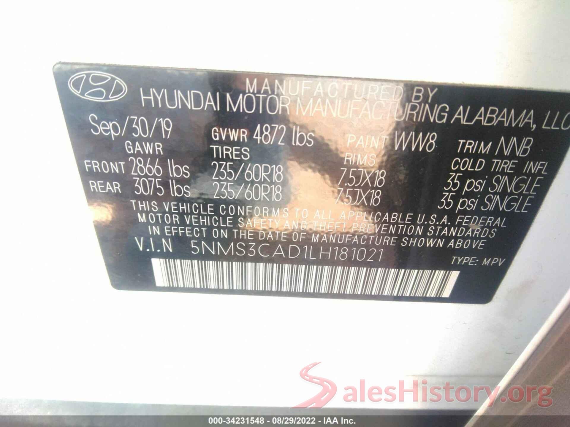 5NMS3CAD1LH181021 2020 HYUNDAI SANTA FE