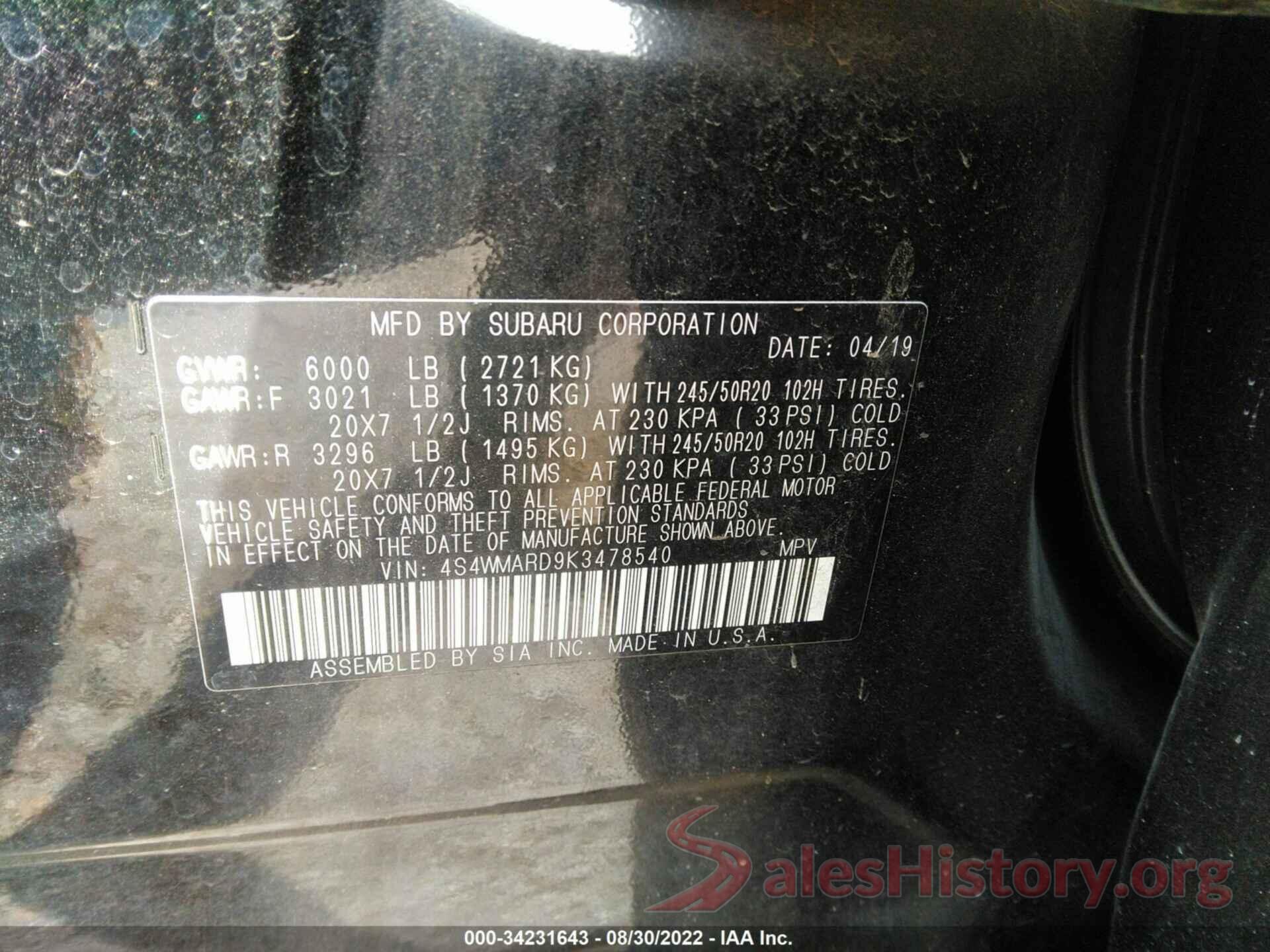 4S4WMARD9K3478540 2019 SUBARU ASCENT