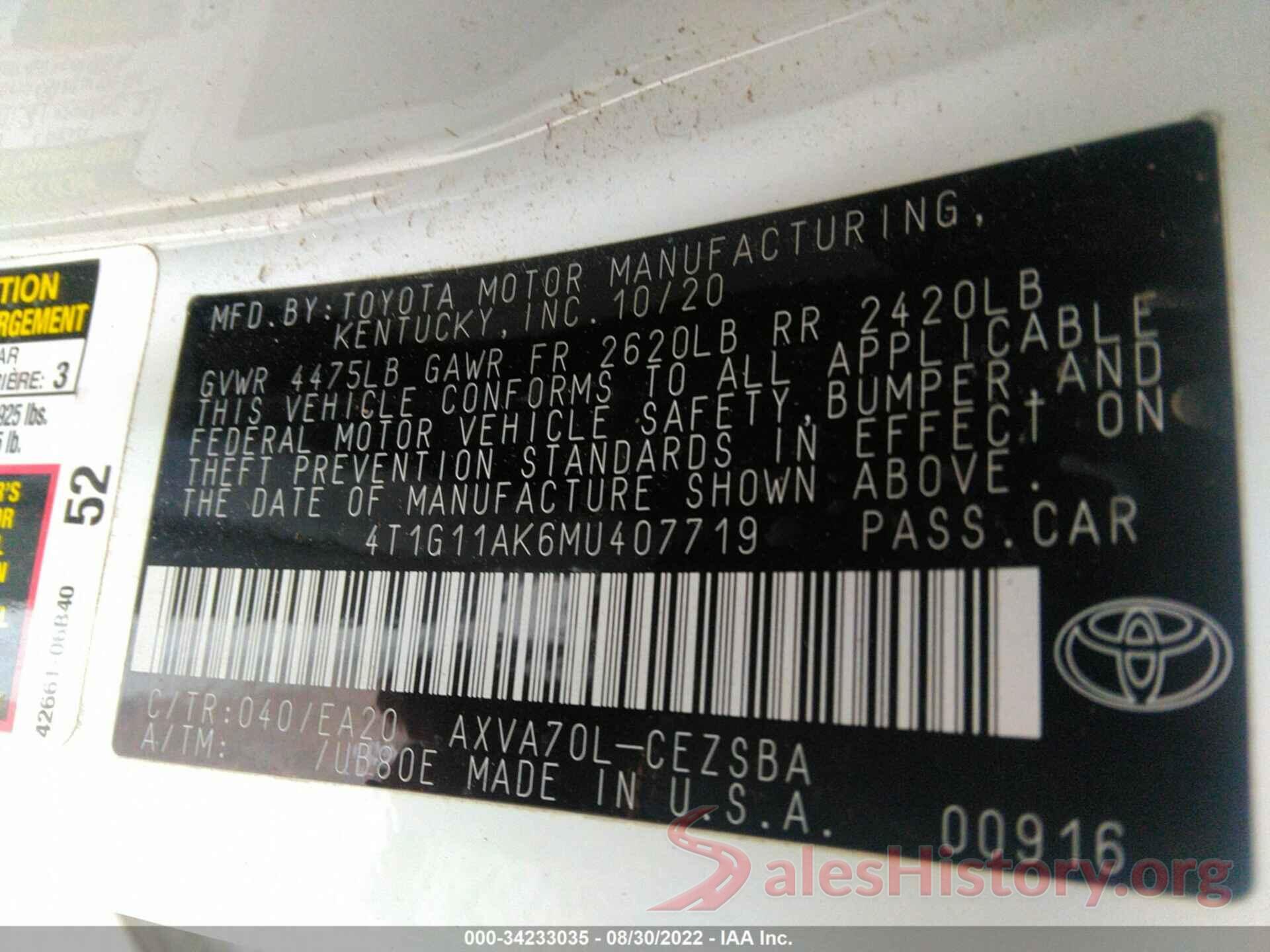 4T1G11AK6MU407719 2021 TOYOTA CAMRY