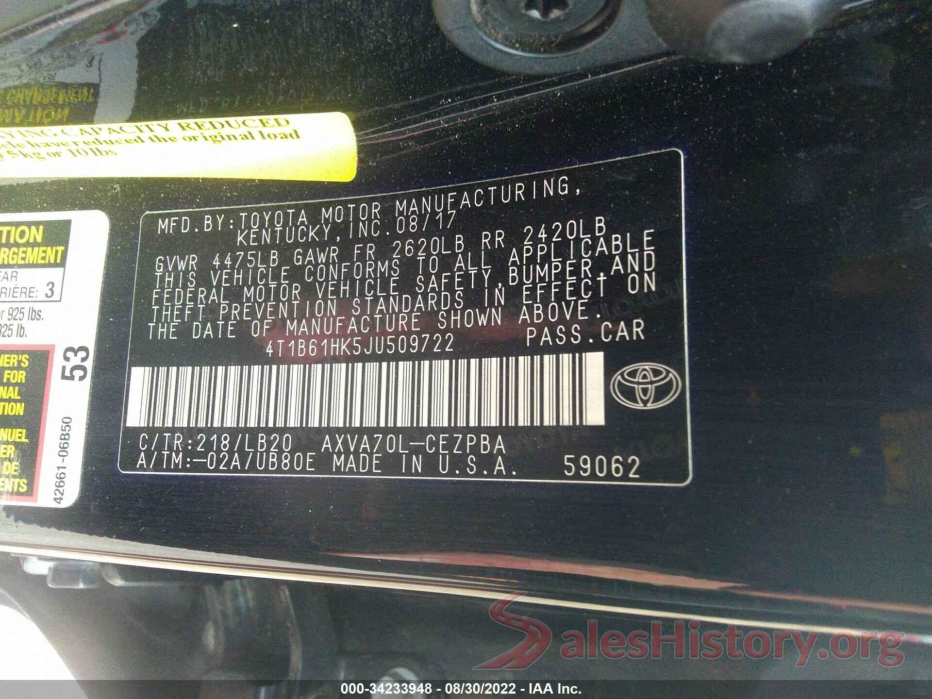 4T1B61HK5JU509722 2018 TOYOTA CAMRY