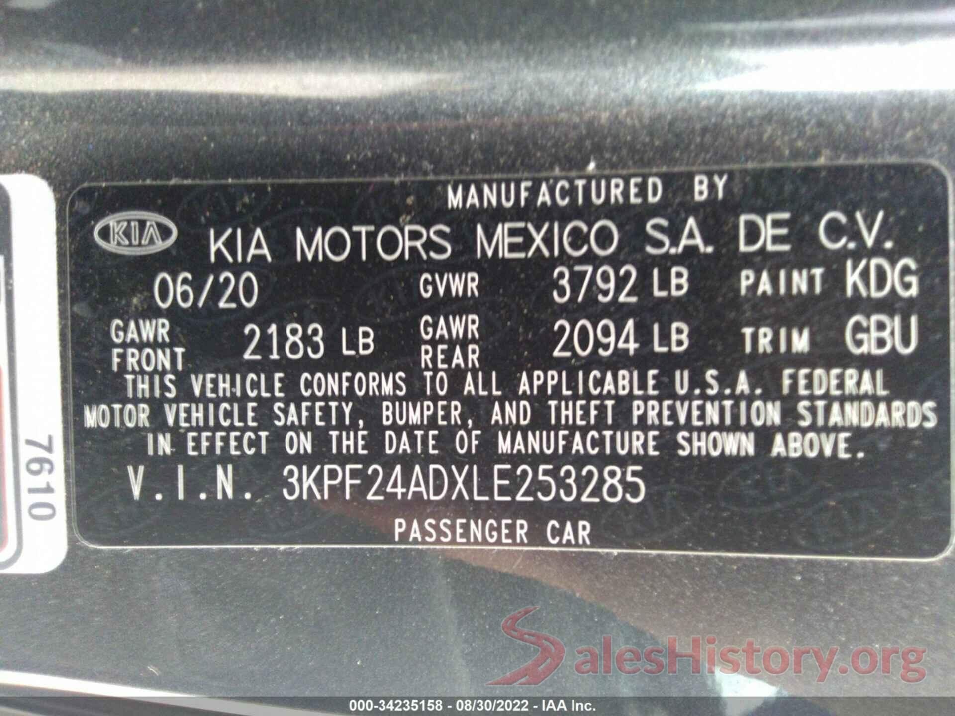 3KPF24ADXLE253285 2020 KIA FORTE