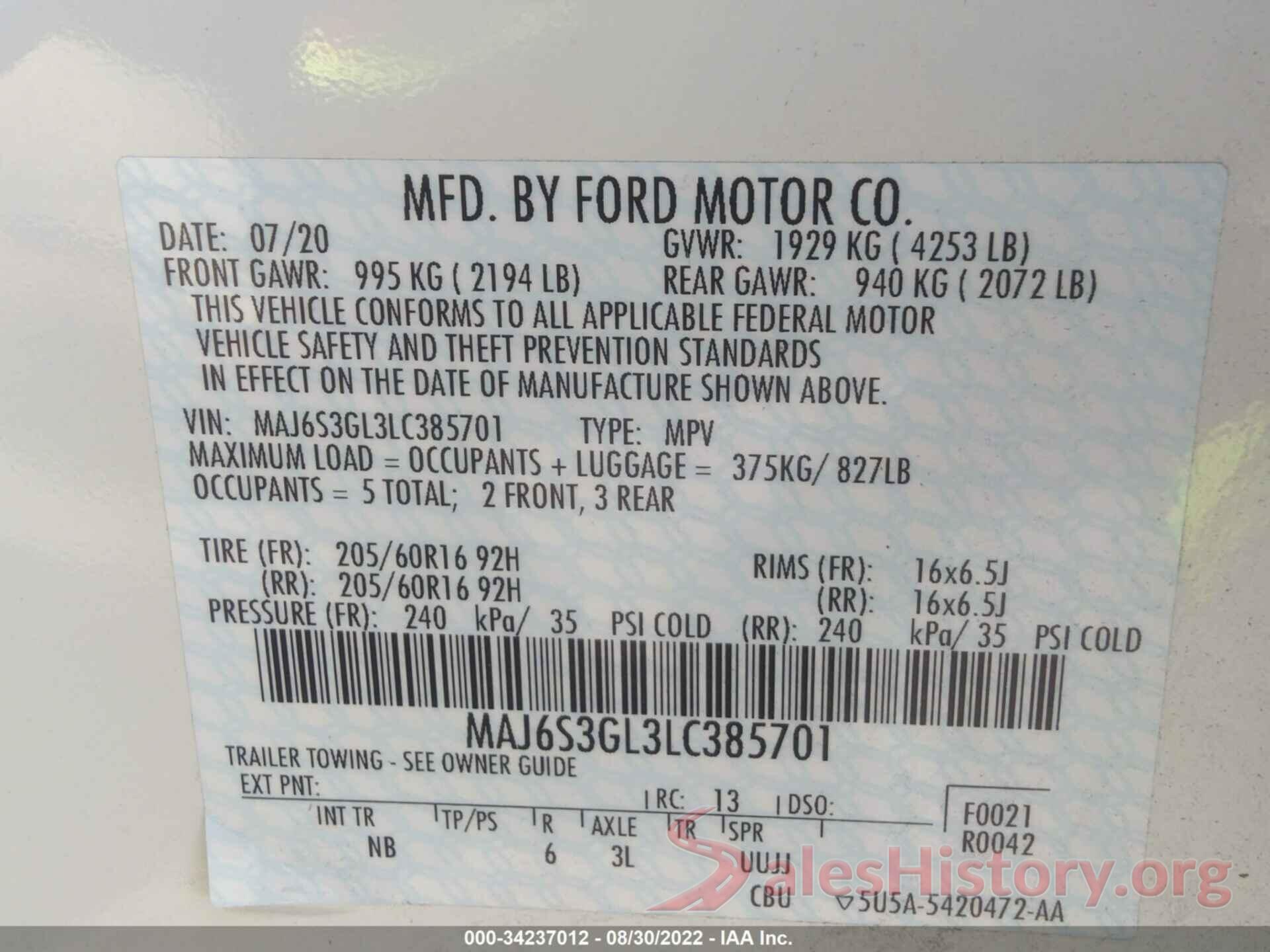 MAJ6S3GL3LC385701 2020 FORD ECOSPORT