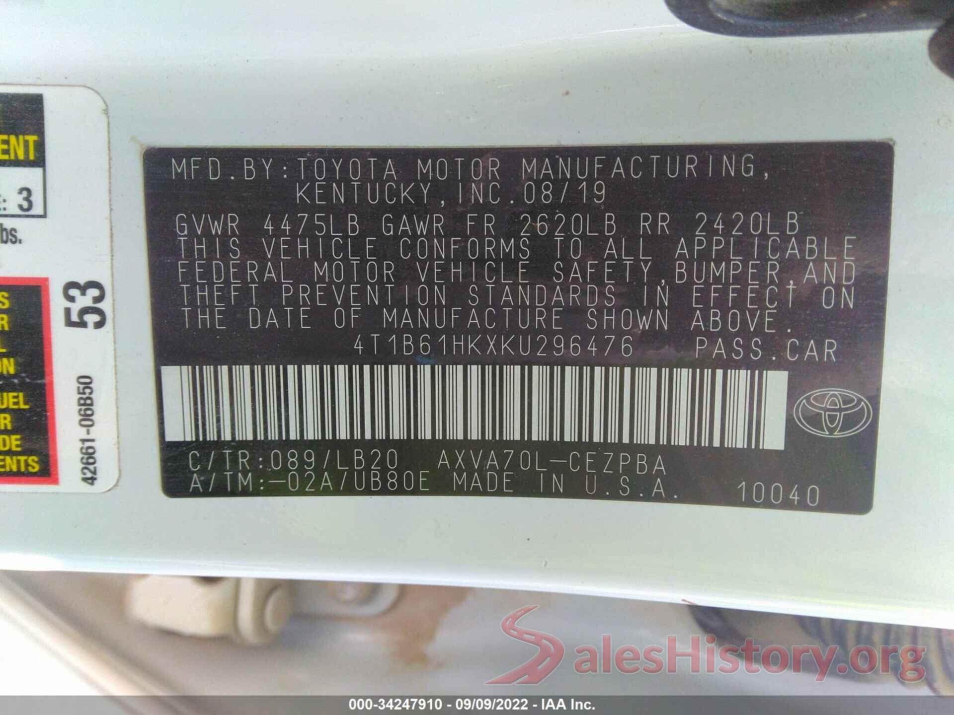 4T1B61HKXKU296476 2019 TOYOTA CAMRY