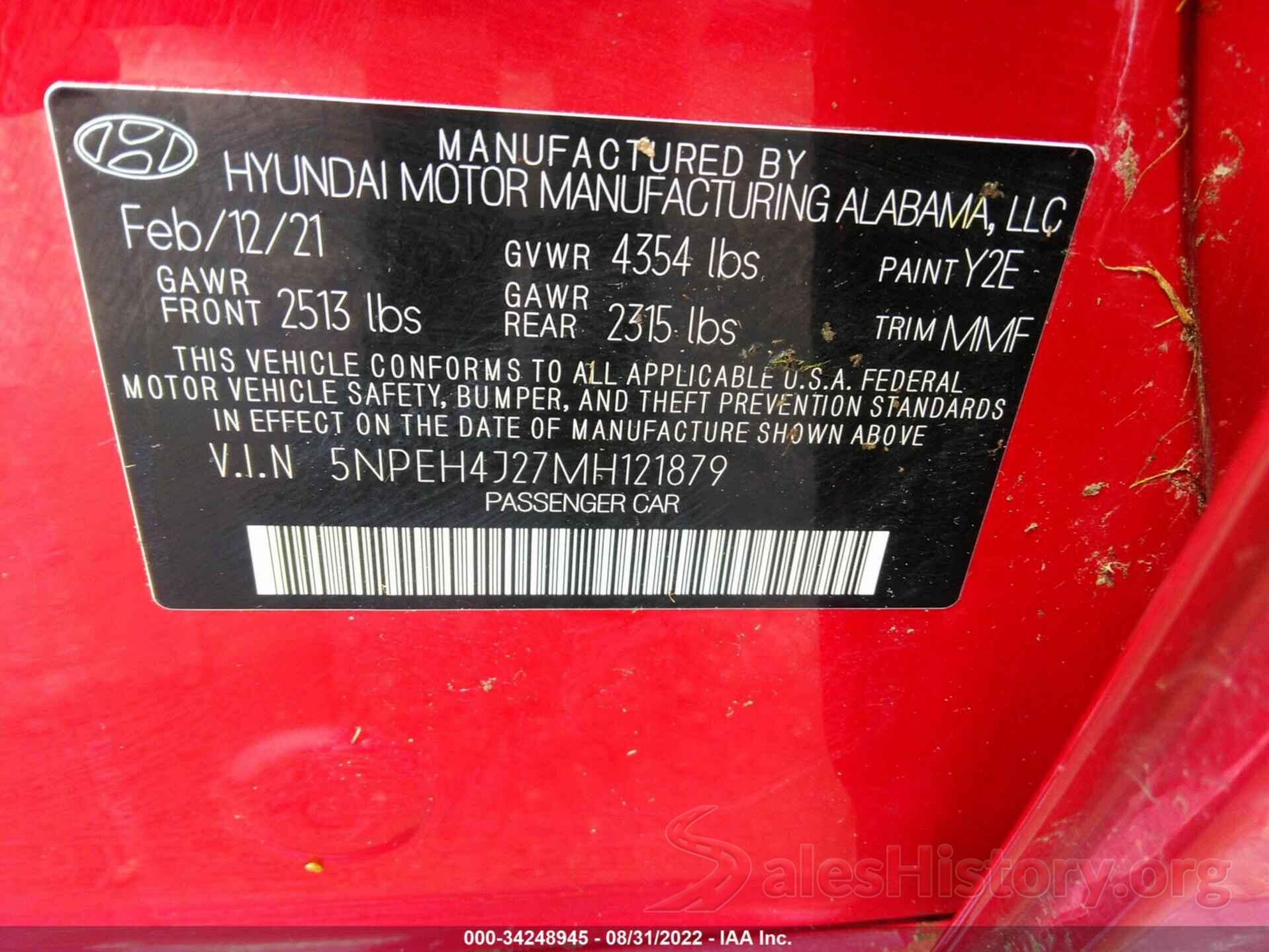 5NPEH4J27MH121879 2021 HYUNDAI SONATA