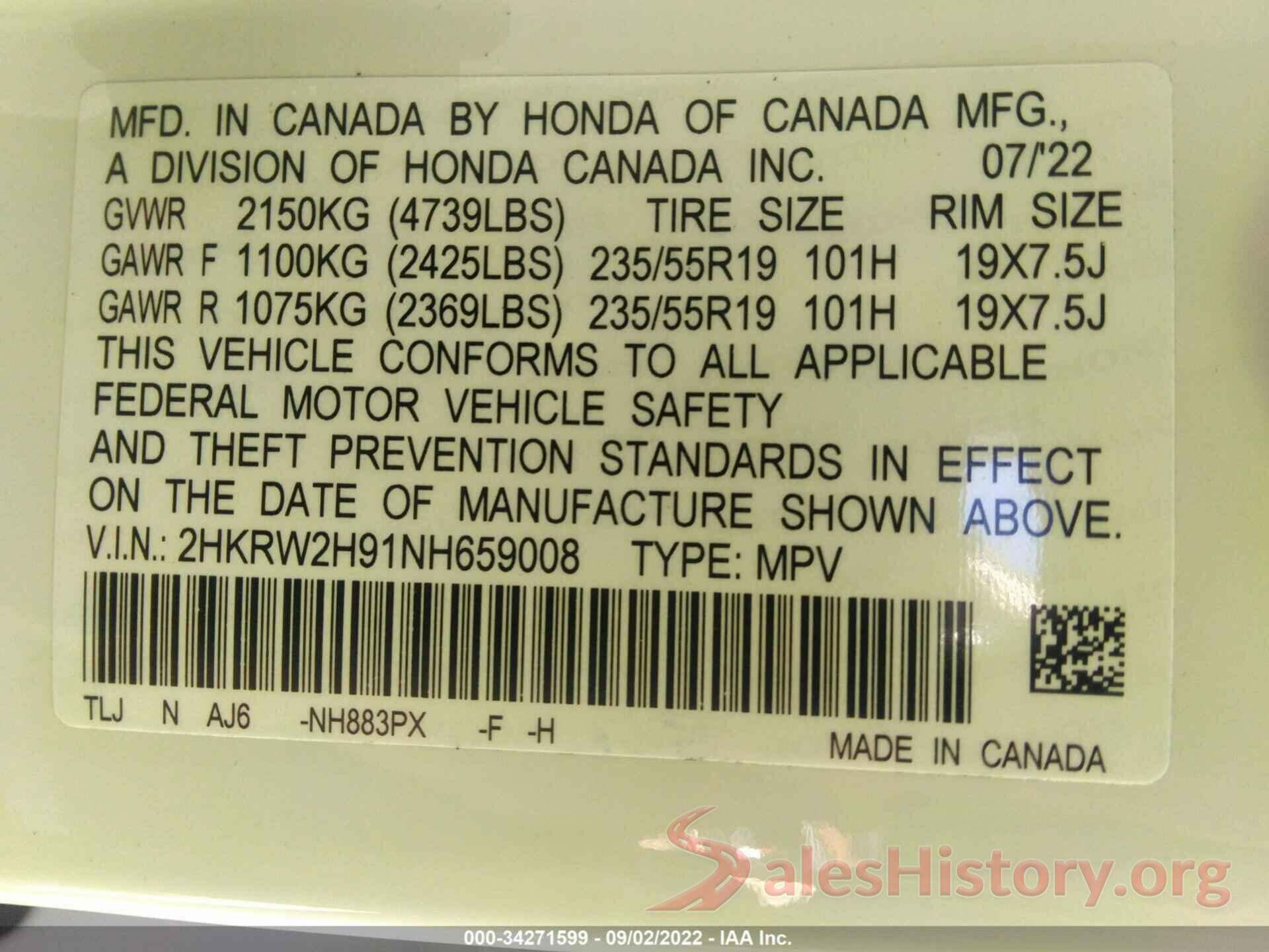 2HKRW2H91NH659008 2022 HONDA CR-V