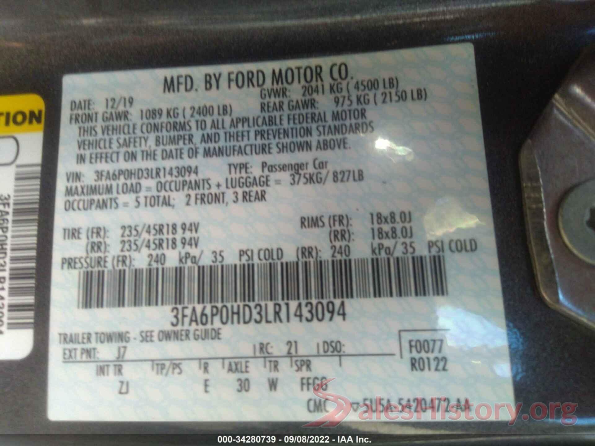 3FA6P0HD3LR143094 2020 FORD FUSION