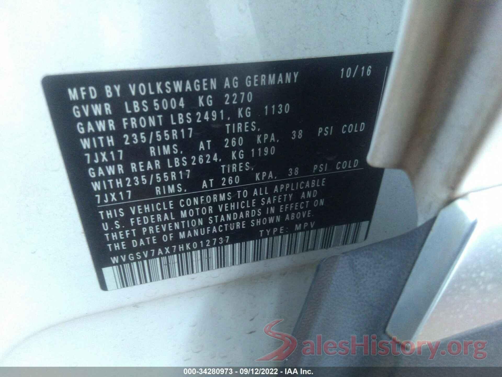 WVGSV7AX7HK012737 2017 VOLKSWAGEN TIGUAN