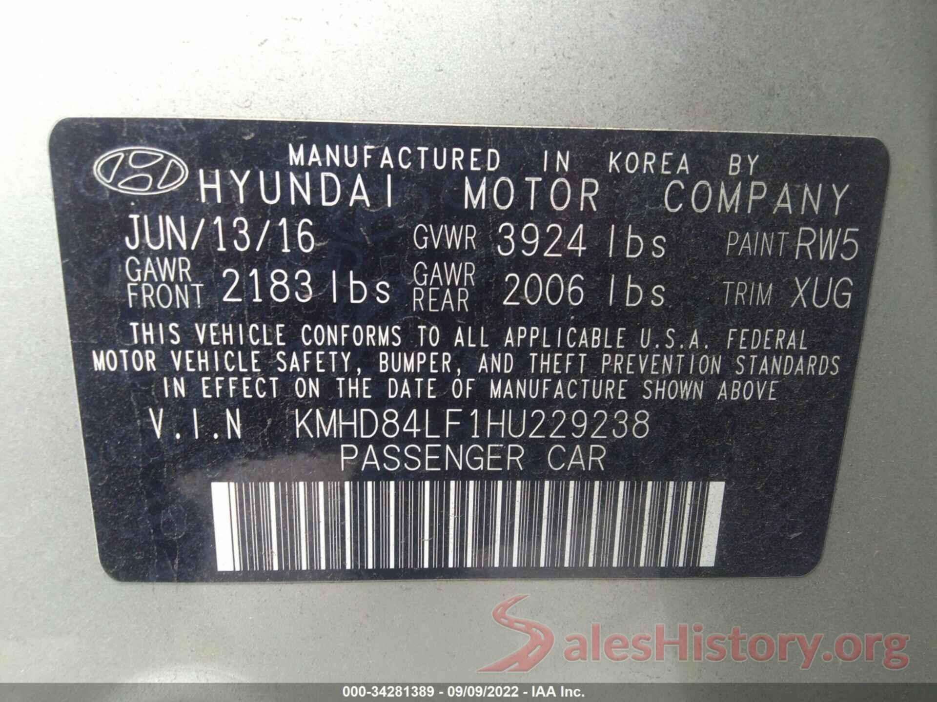 KMHD84LF1HU229238 2017 HYUNDAI ELANTRA