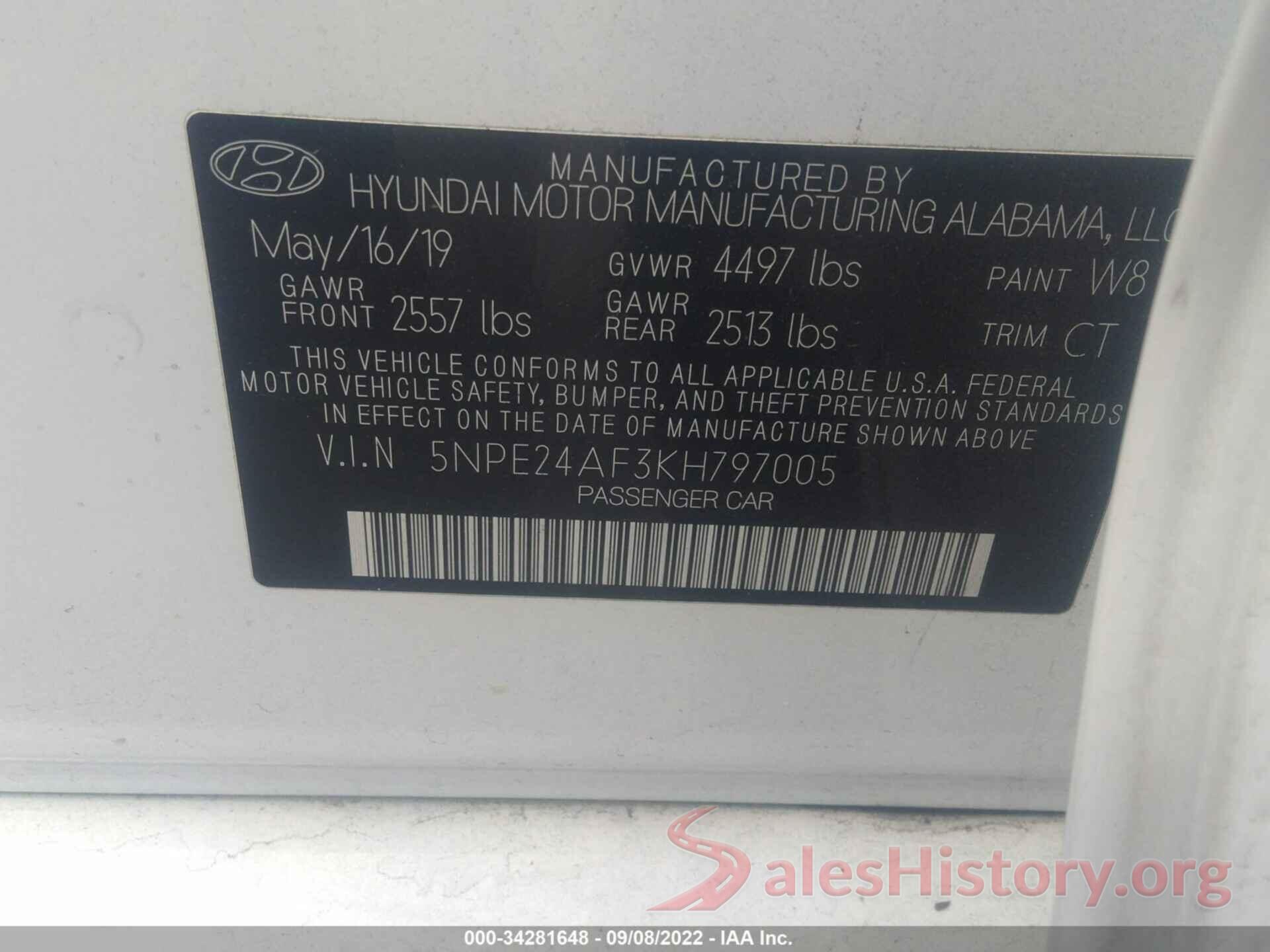 5NPE24AF3KH797005 2019 HYUNDAI SONATA