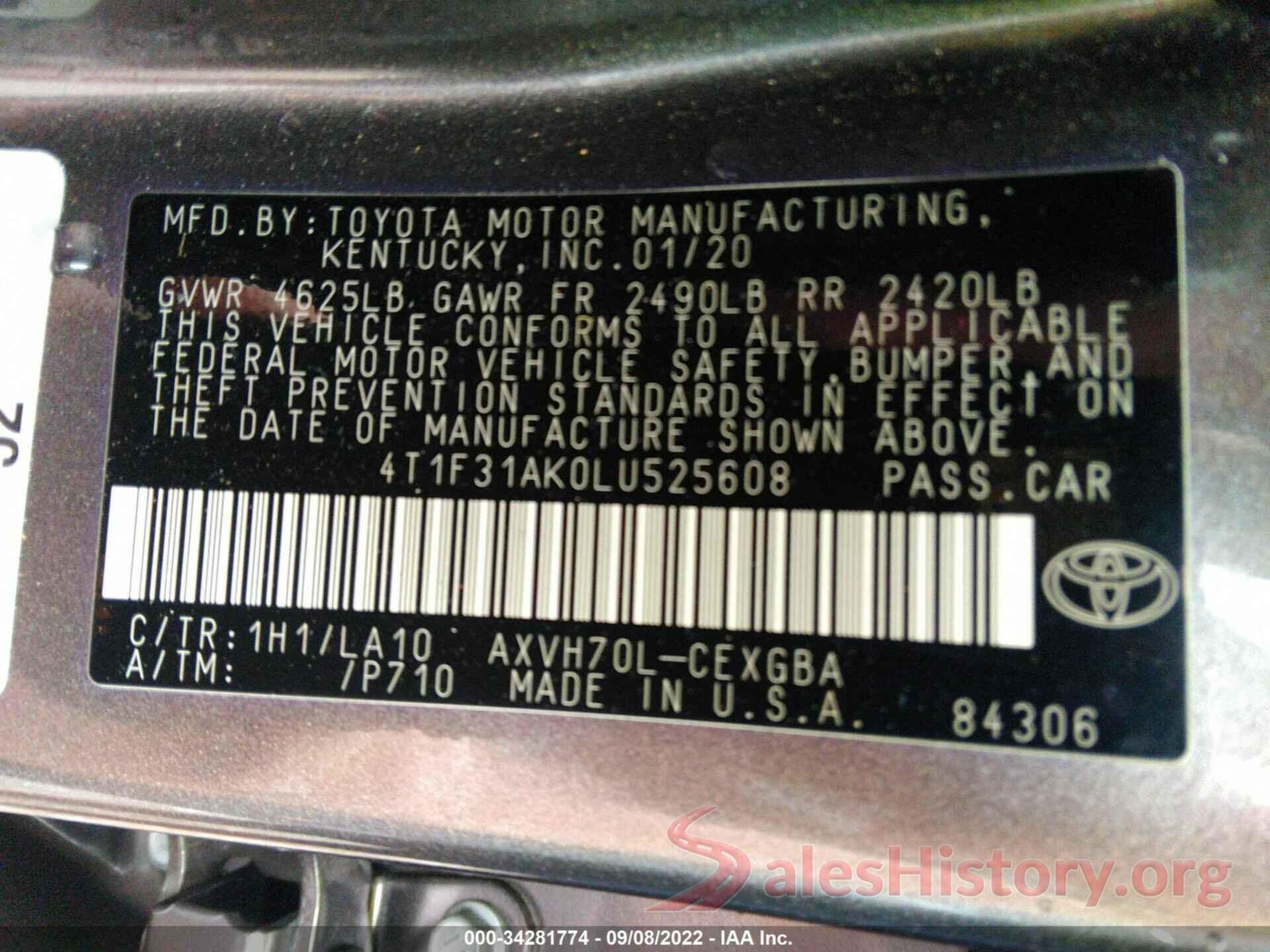 4T1F31AK0LU525608 2020 TOYOTA CAMRY