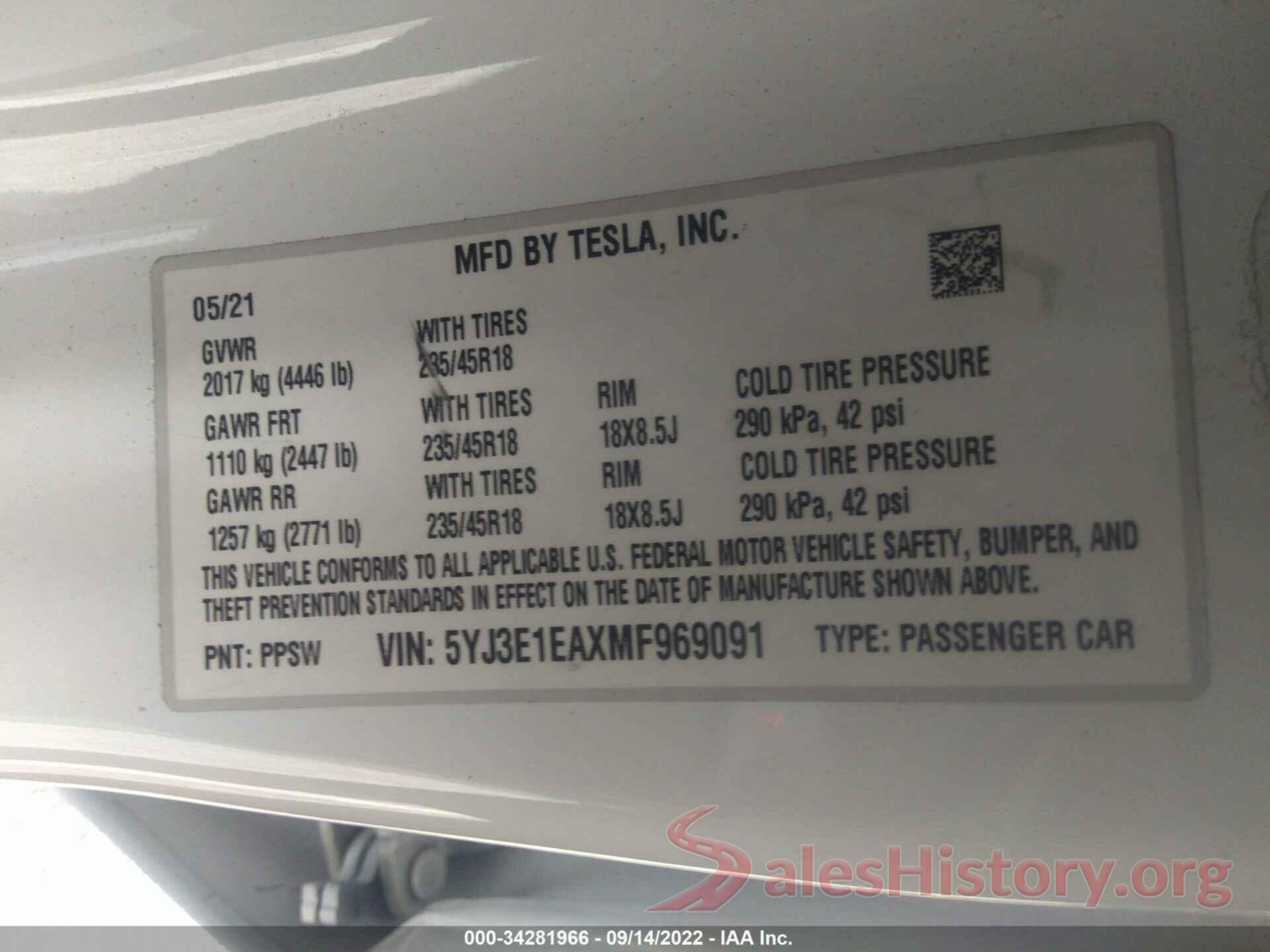 5YJ3E1EAXMF969091 2021 TESLA MODEL 3