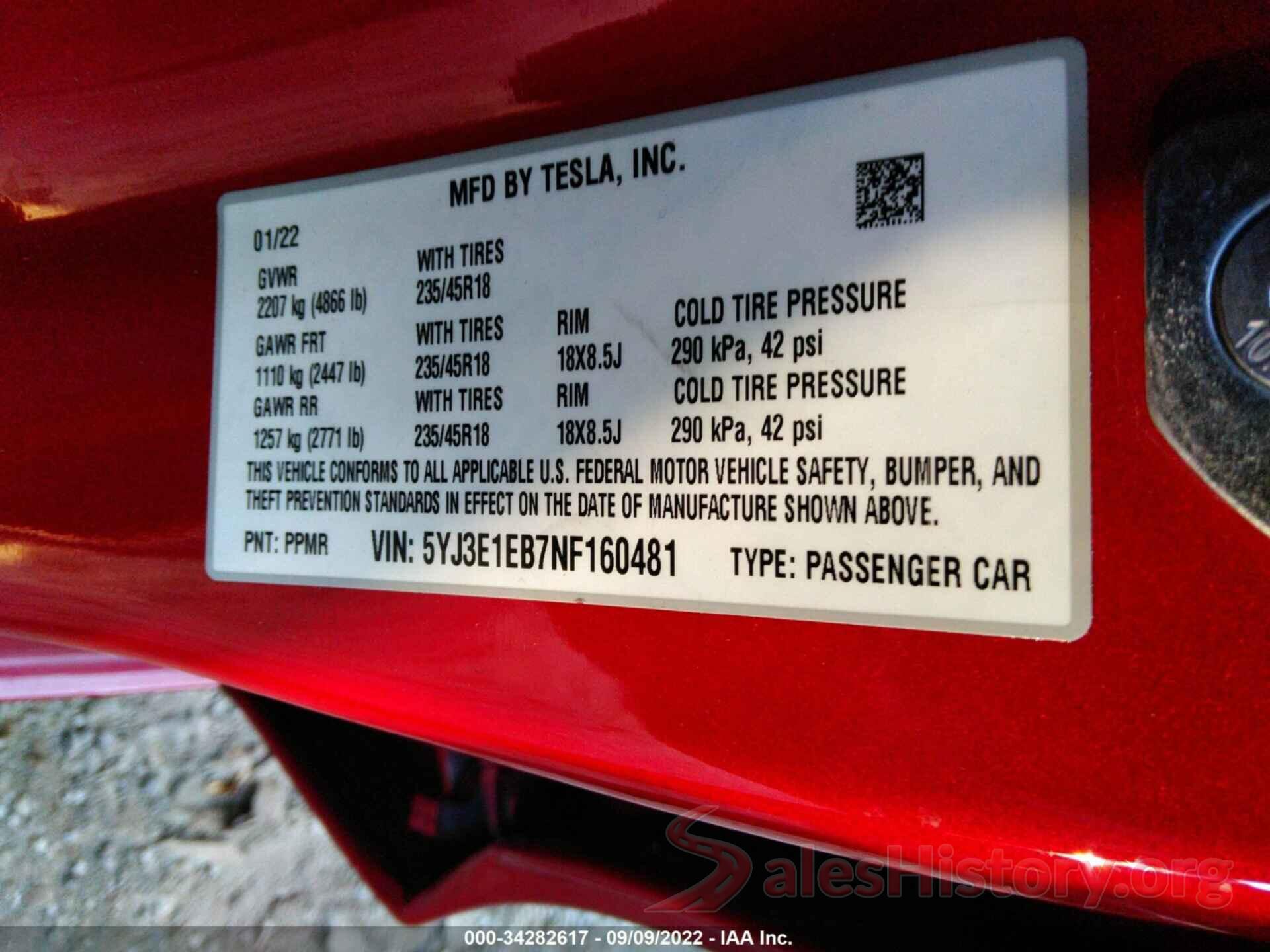 5YJ3E1EB7NF160481 2022 TESLA MODEL 3