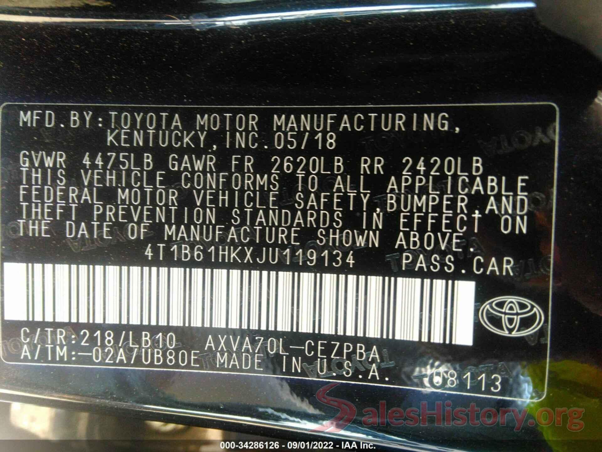 4T1B61HKXJU119134 2018 TOYOTA CAMRY