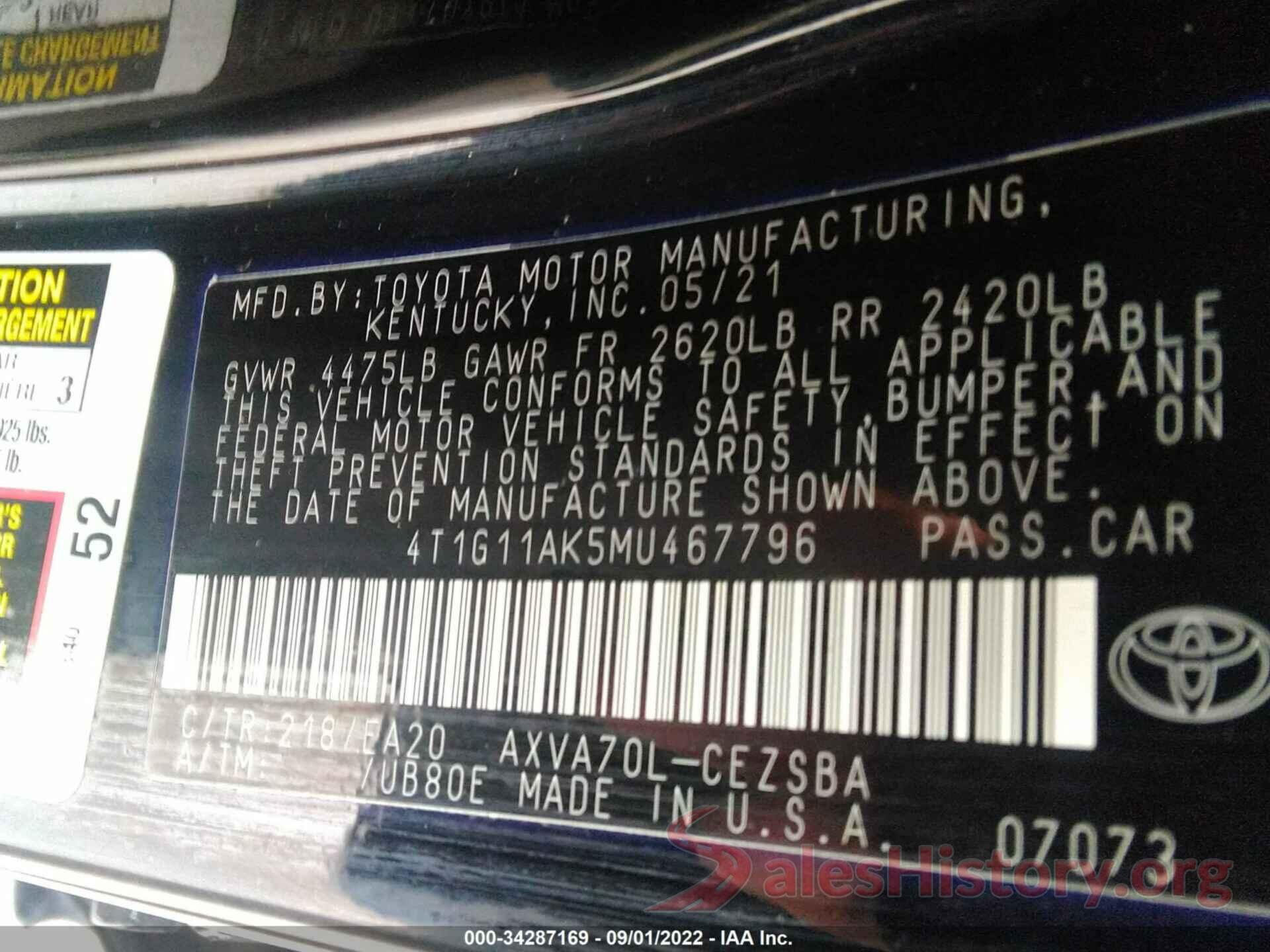 4T1G11AK5MU467796 2021 TOYOTA CAMRY