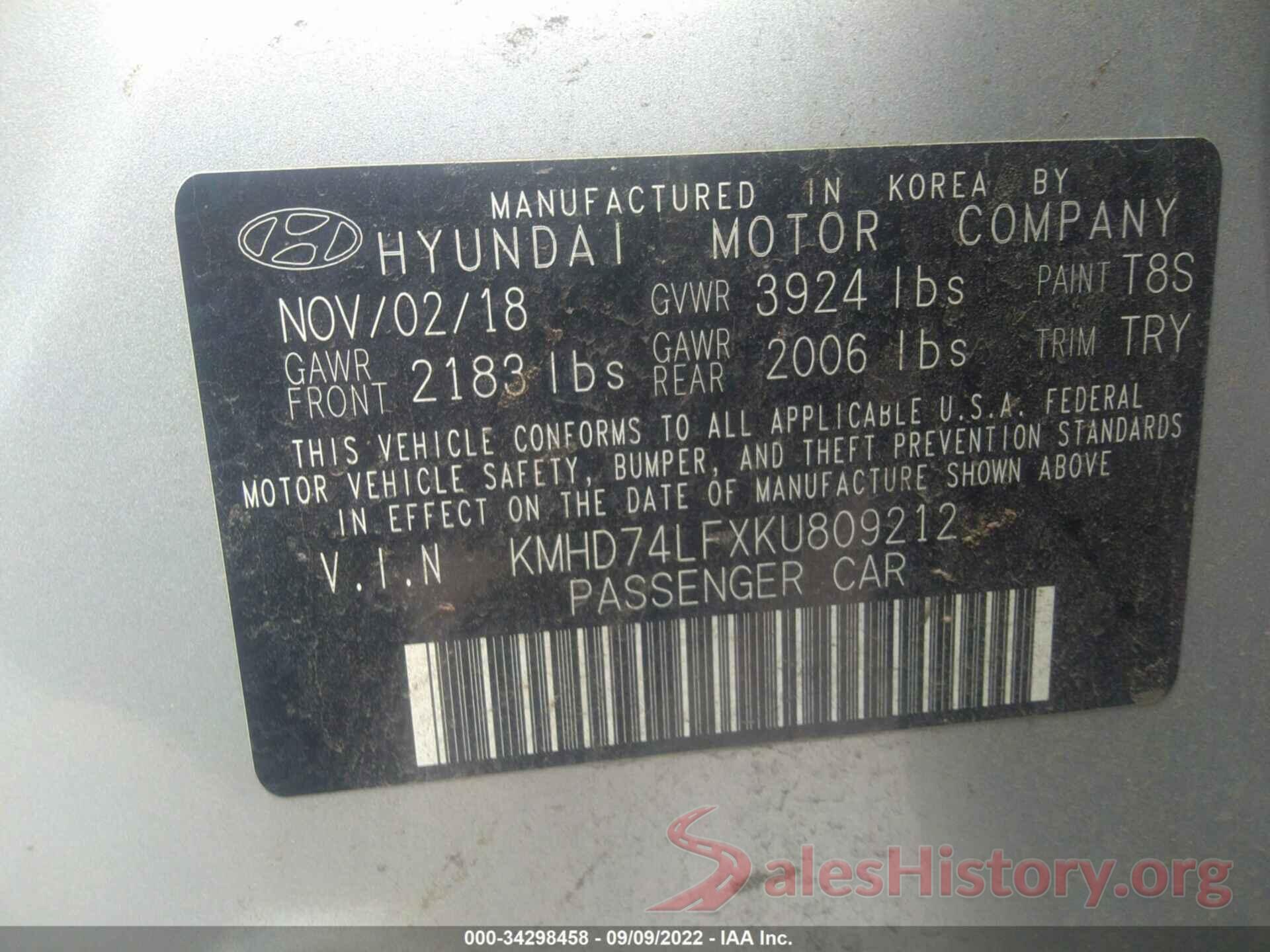 KMHD74LFXKU809212 2019 HYUNDAI ELANTRA