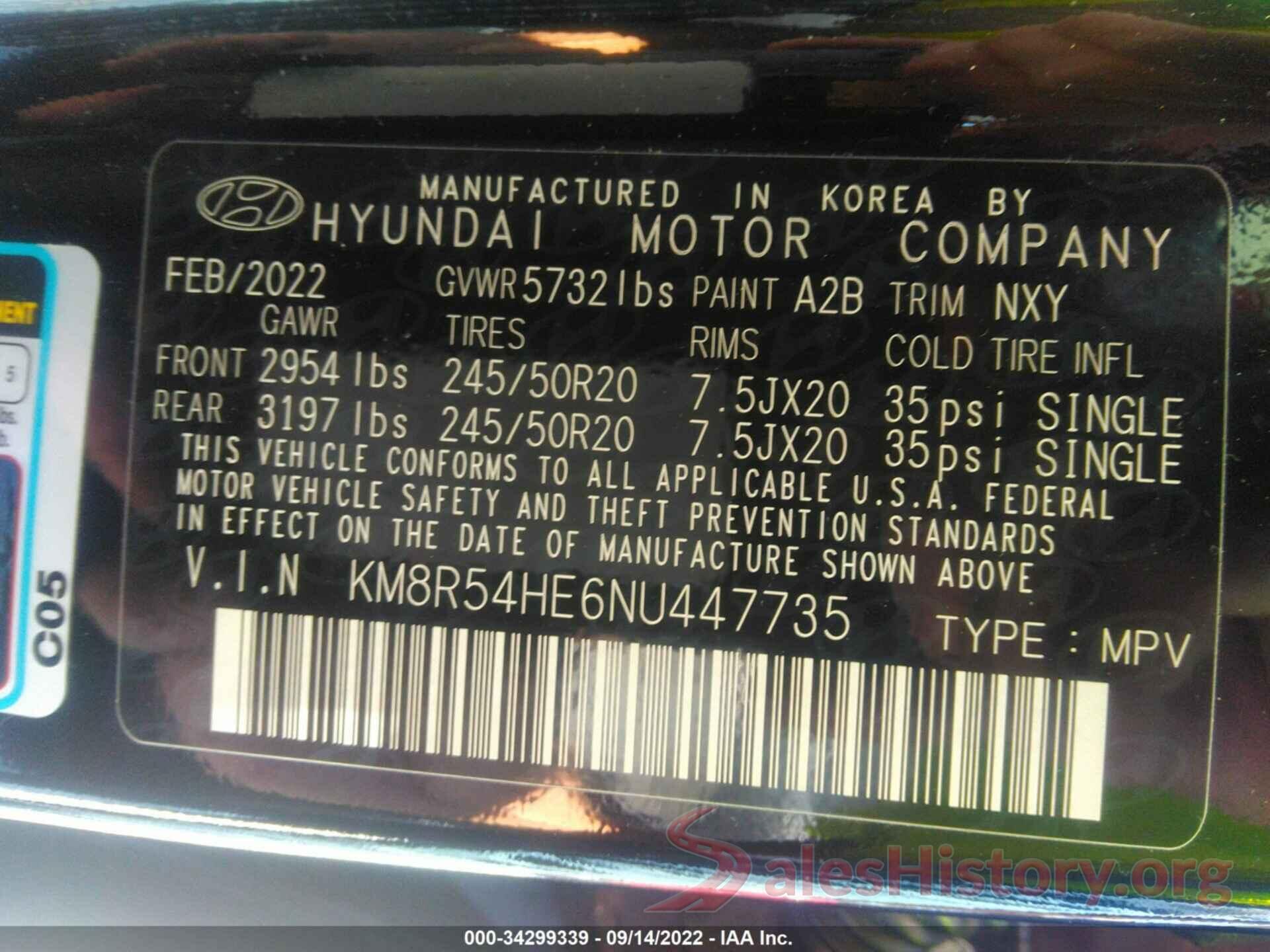 KM8R54HE6NU447735 2022 HYUNDAI PALISADE