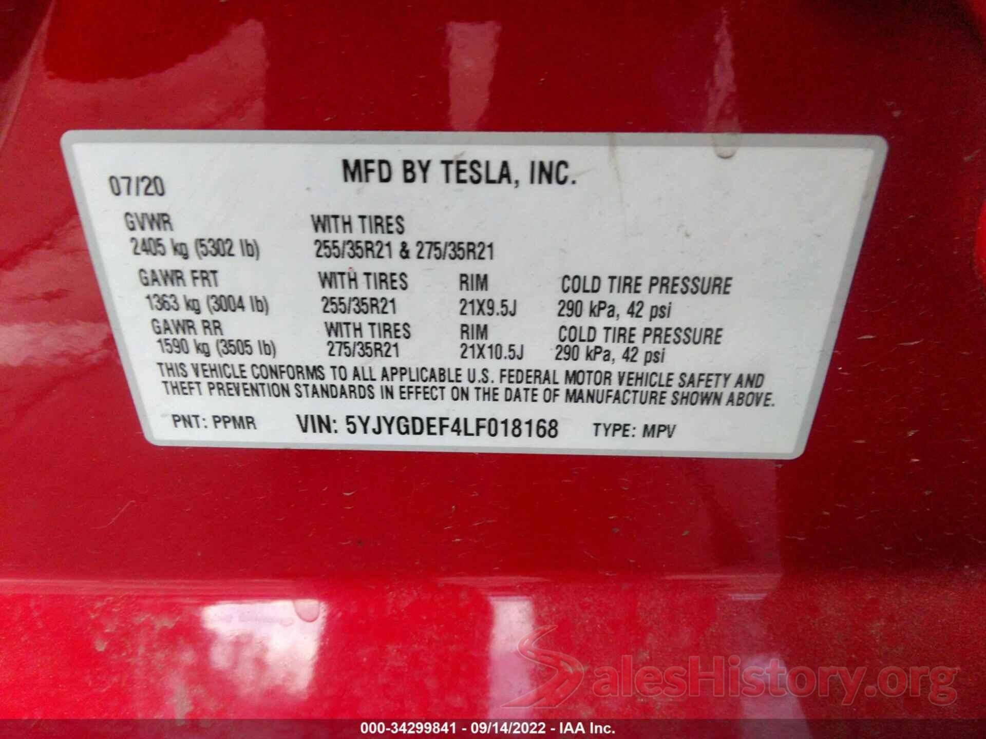 5YJYGDEF4LF018168 2020 TESLA MODEL Y