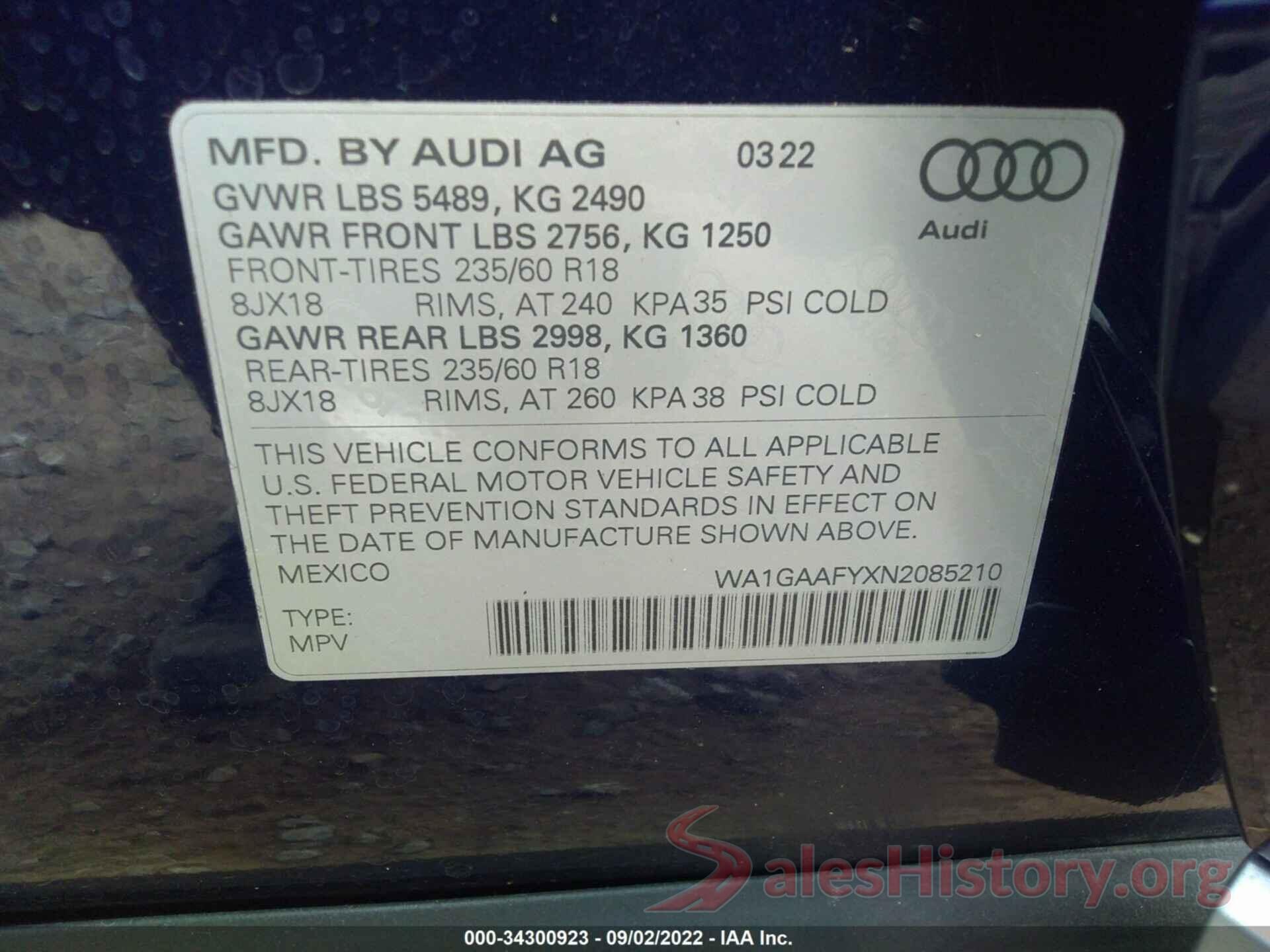 WA1GAAFYXN2085210 2022 AUDI Q5