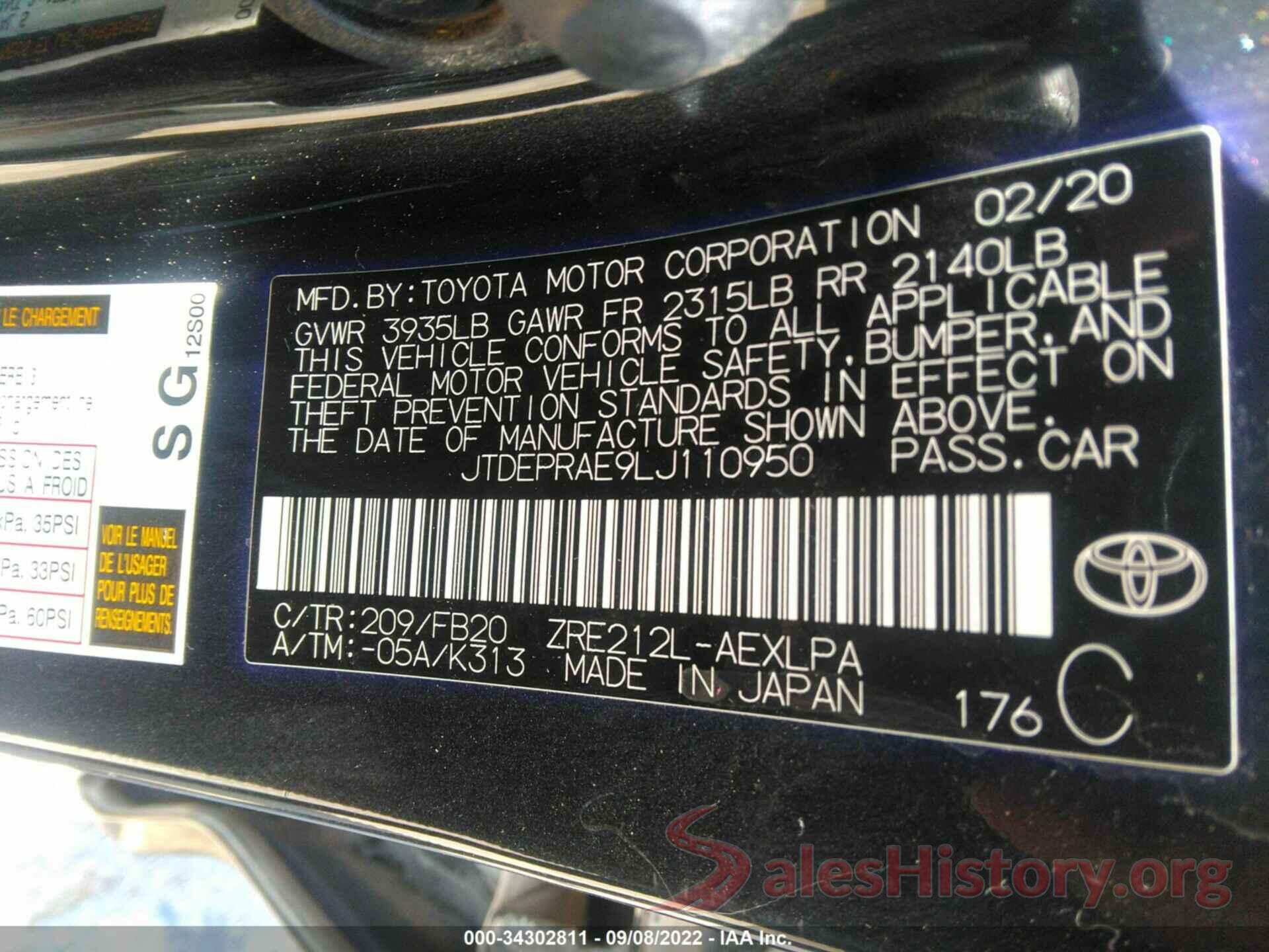 JTDEPRAE9LJ110950 2020 TOYOTA COROLLA