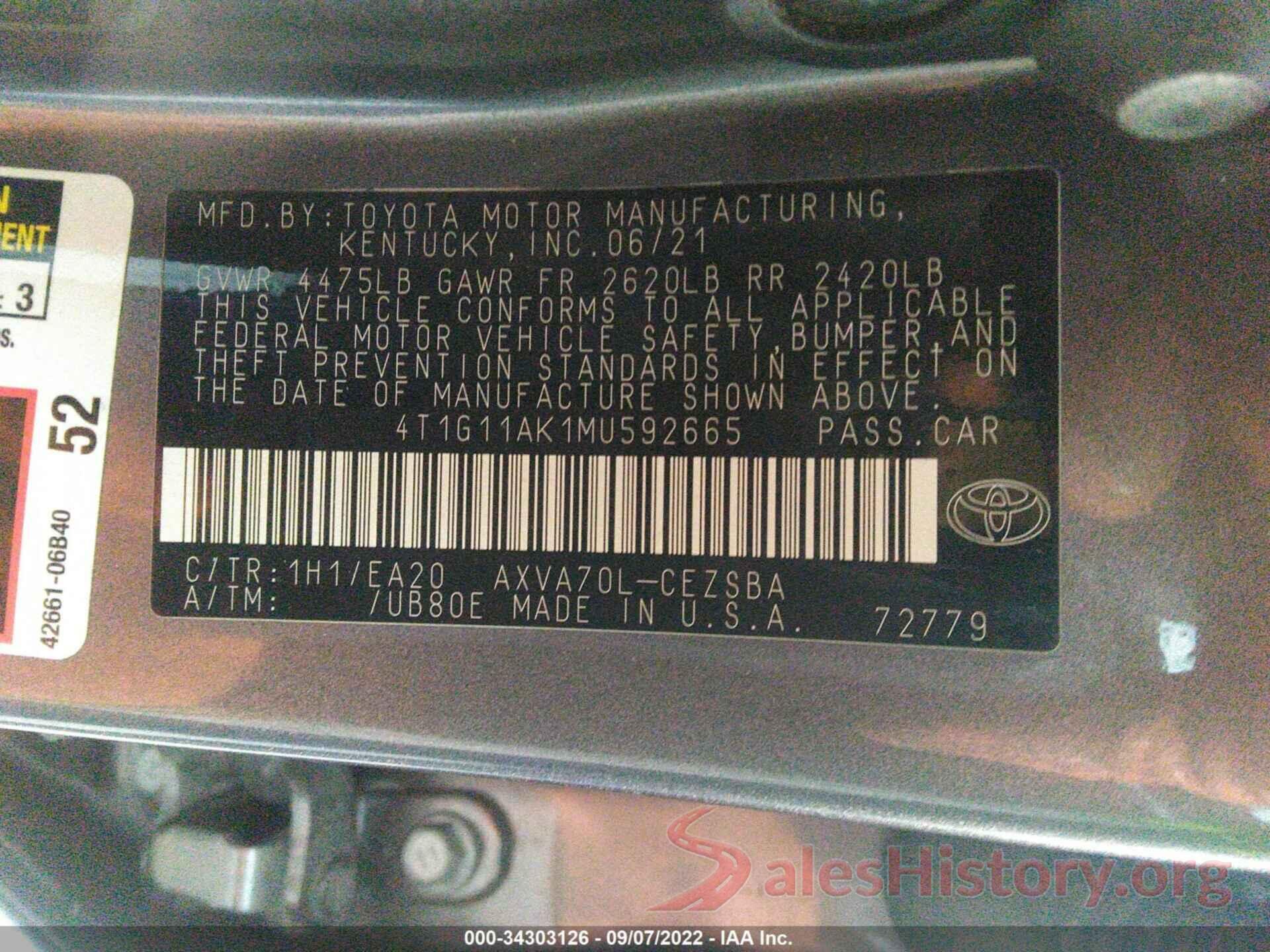 4T1G11AK1MU592665 2021 TOYOTA CAMRY