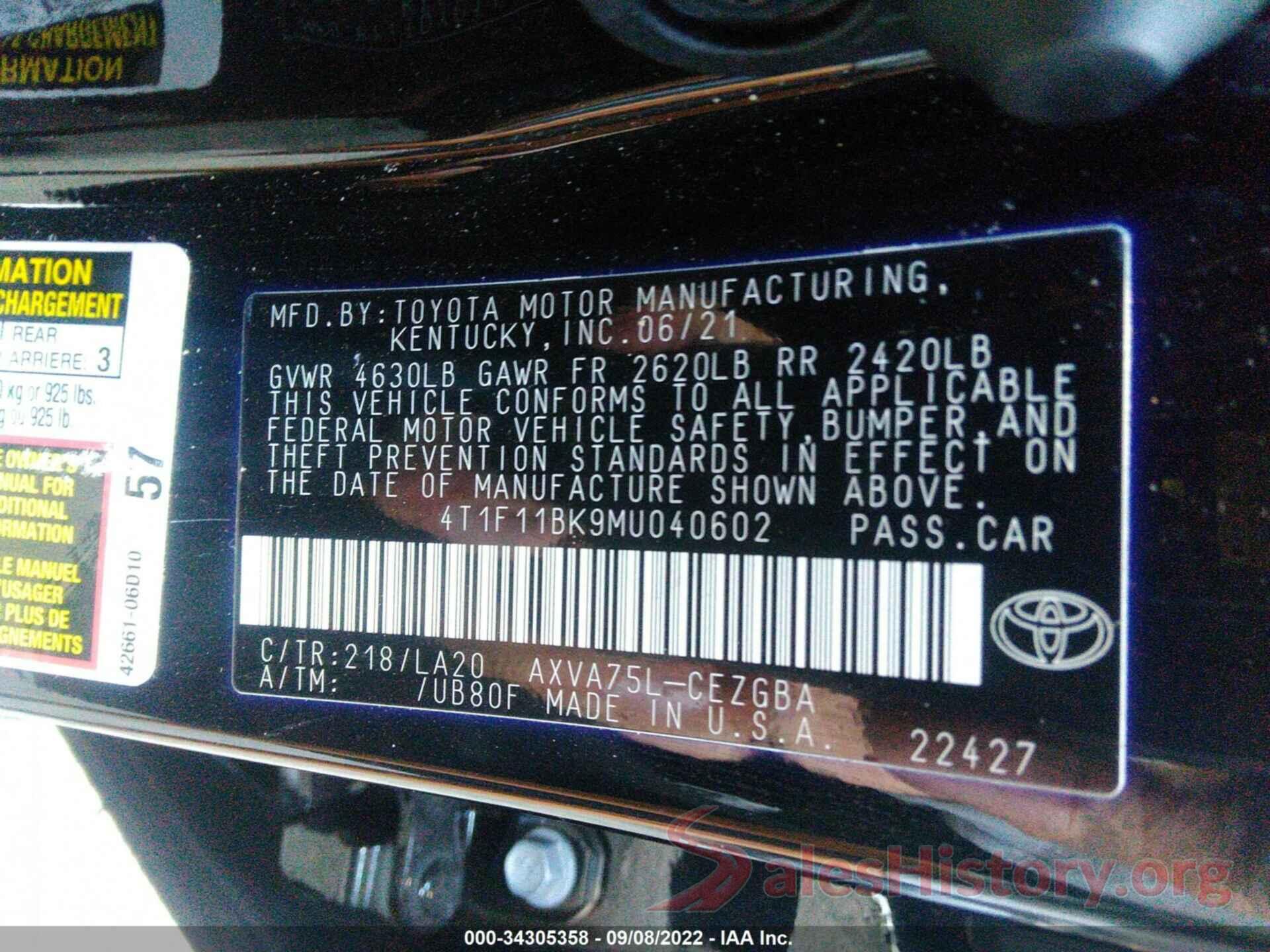 4T1F11BK9MU040602 2021 TOYOTA CAMRY