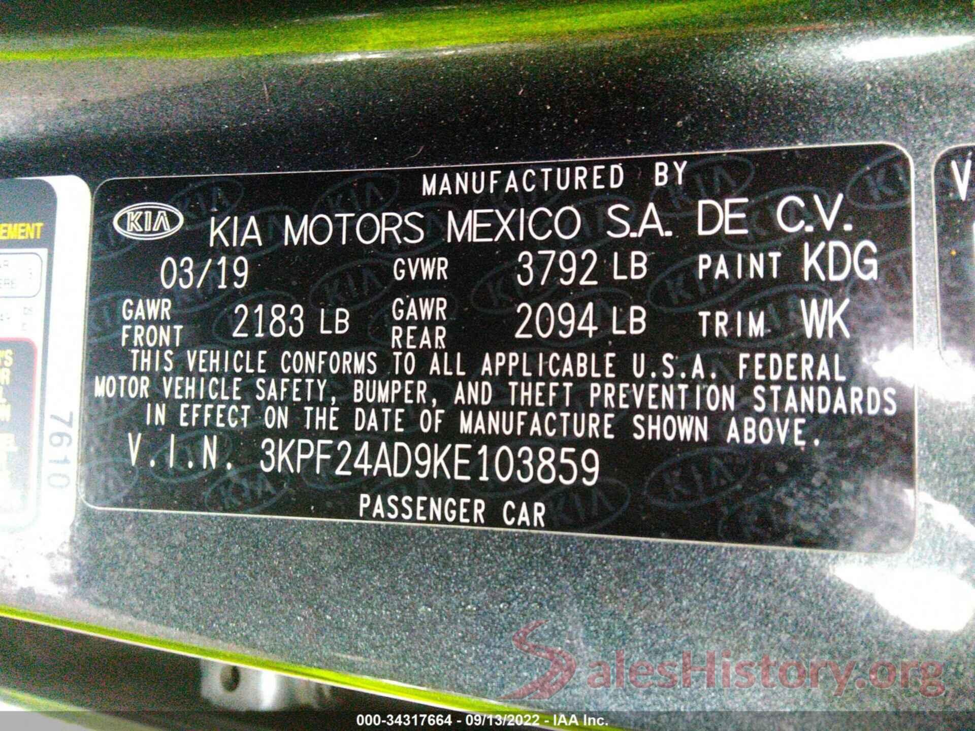 3KPF24AD9KE103859 2019 KIA FORTE