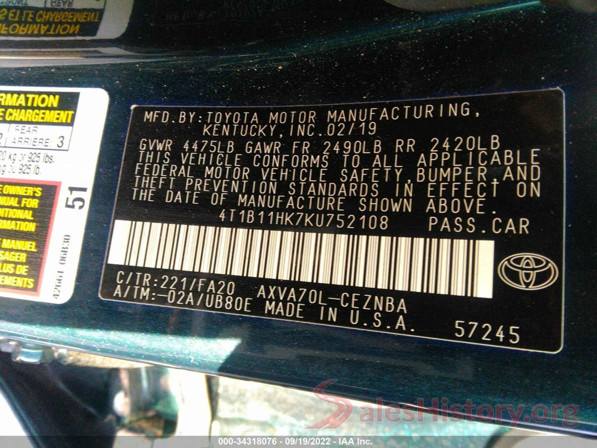 4T1B11HK7KU752108 2019 TOYOTA CAMRY