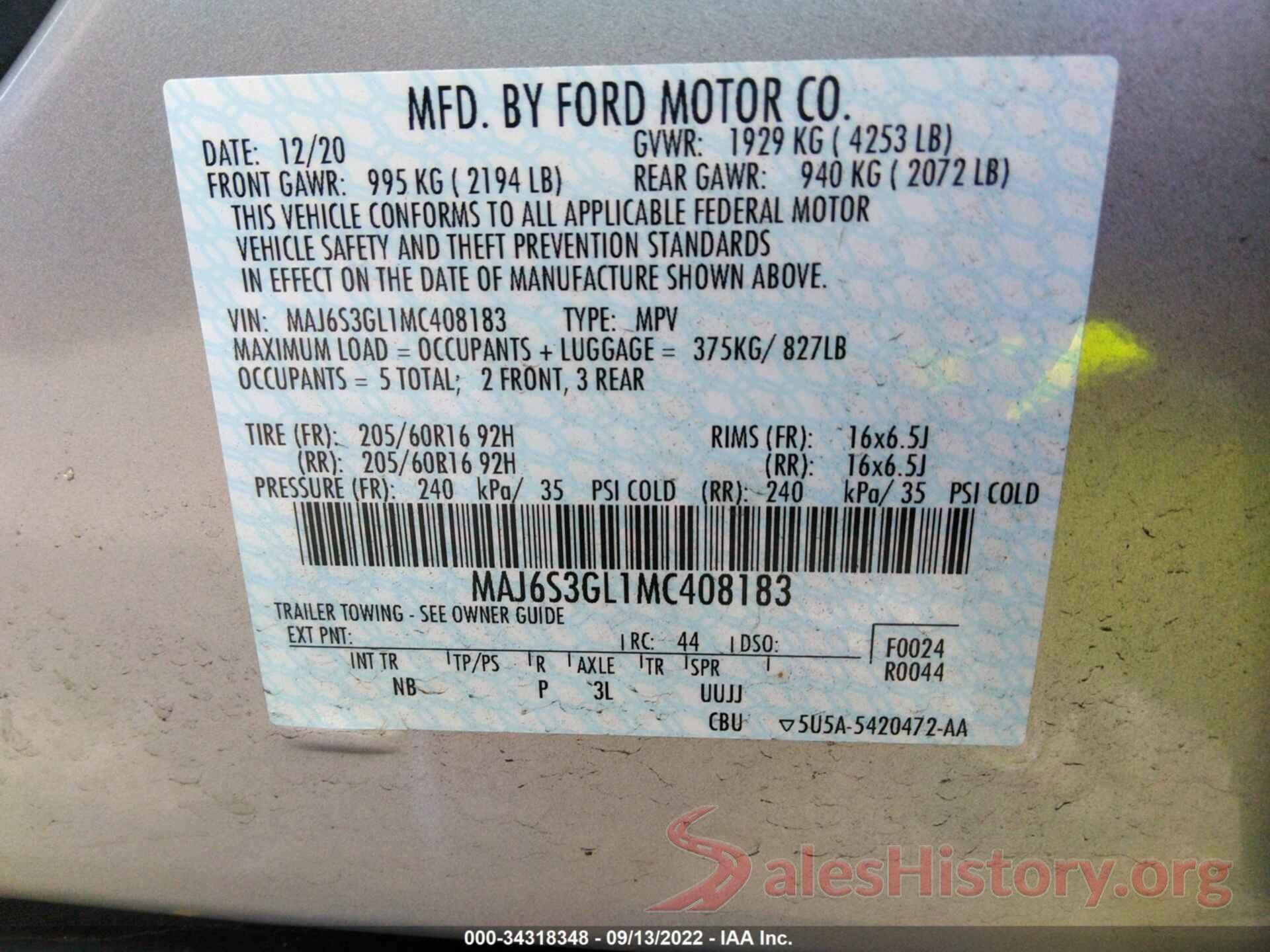 MAJ6S3GL1MC408183 2021 FORD ECOSPORT