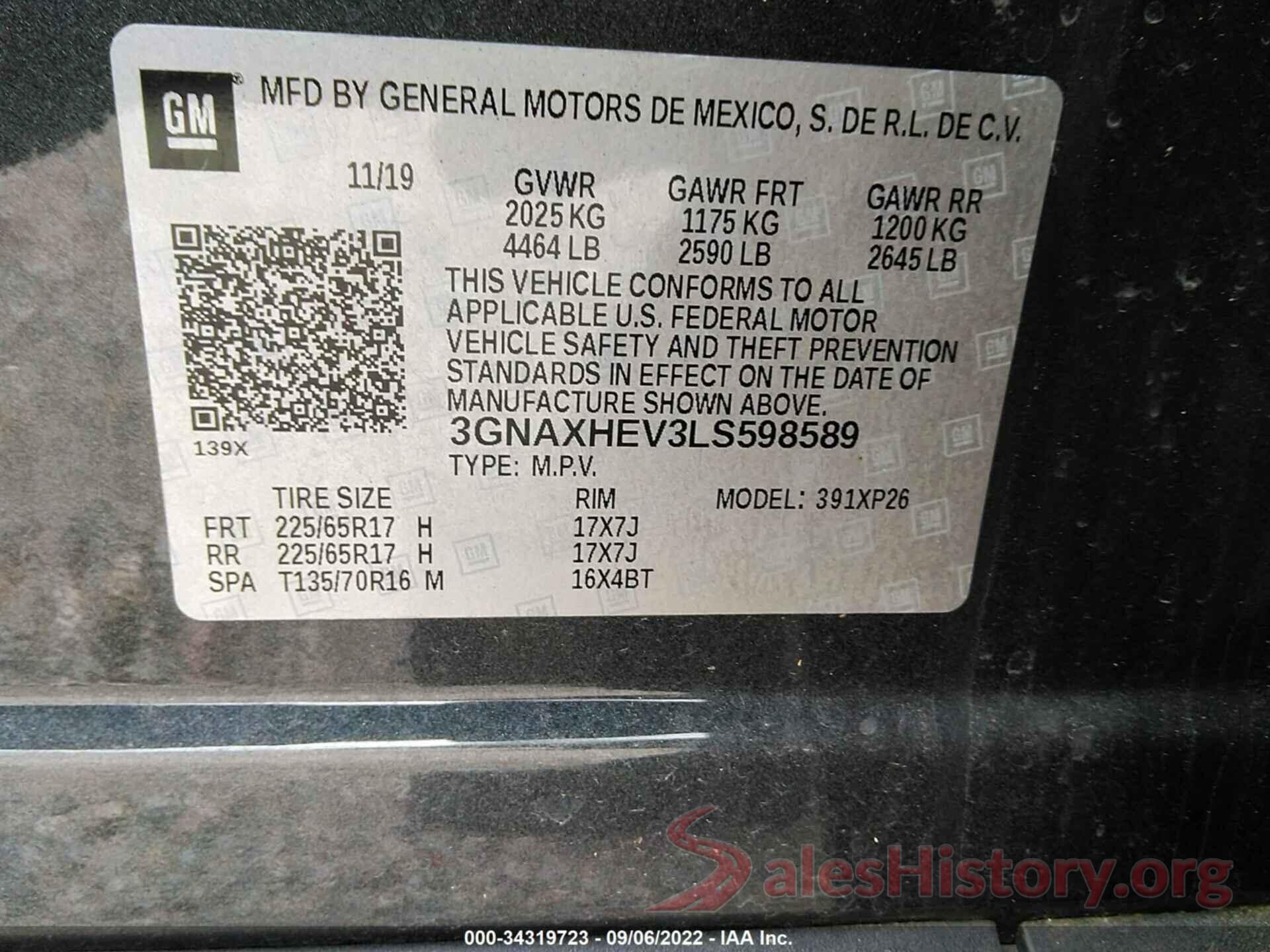 3GNAXHEV3LS598589 2020 CHEVROLET EQUINOX