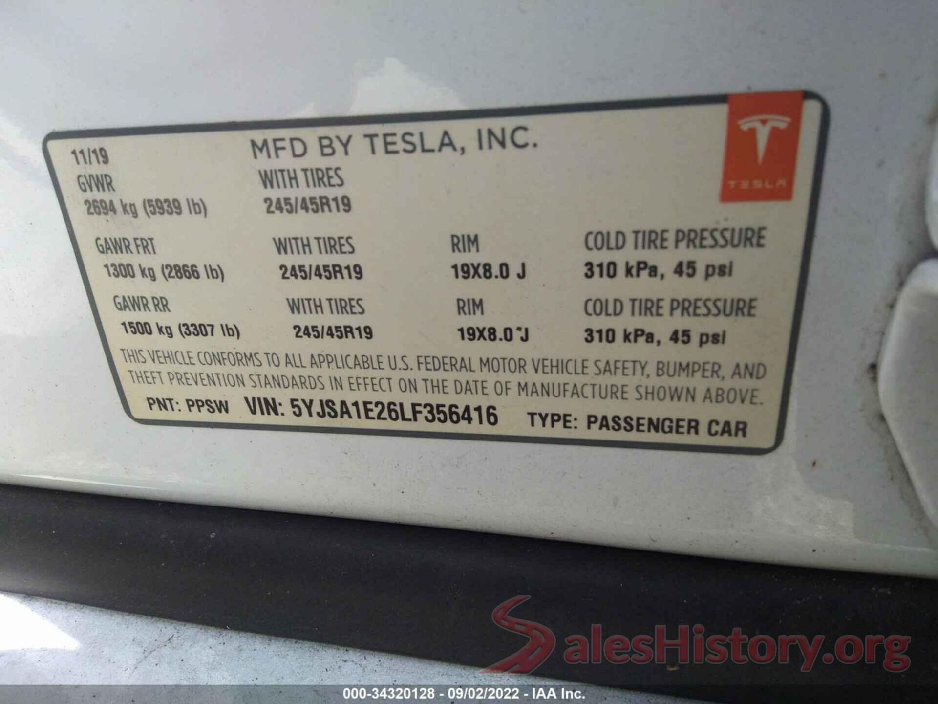 5YJSA1E26LF356416 2020 TESLA MODEL S