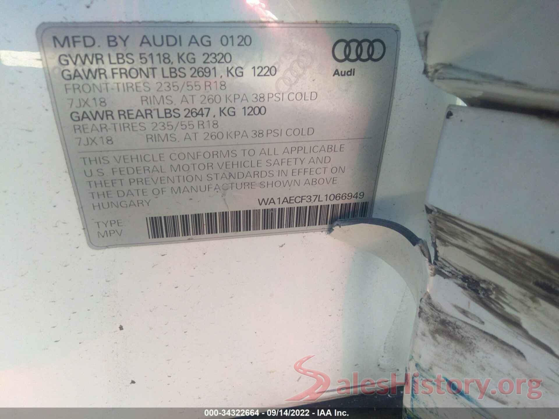 WA1AECF37L1066949 2020 AUDI Q3