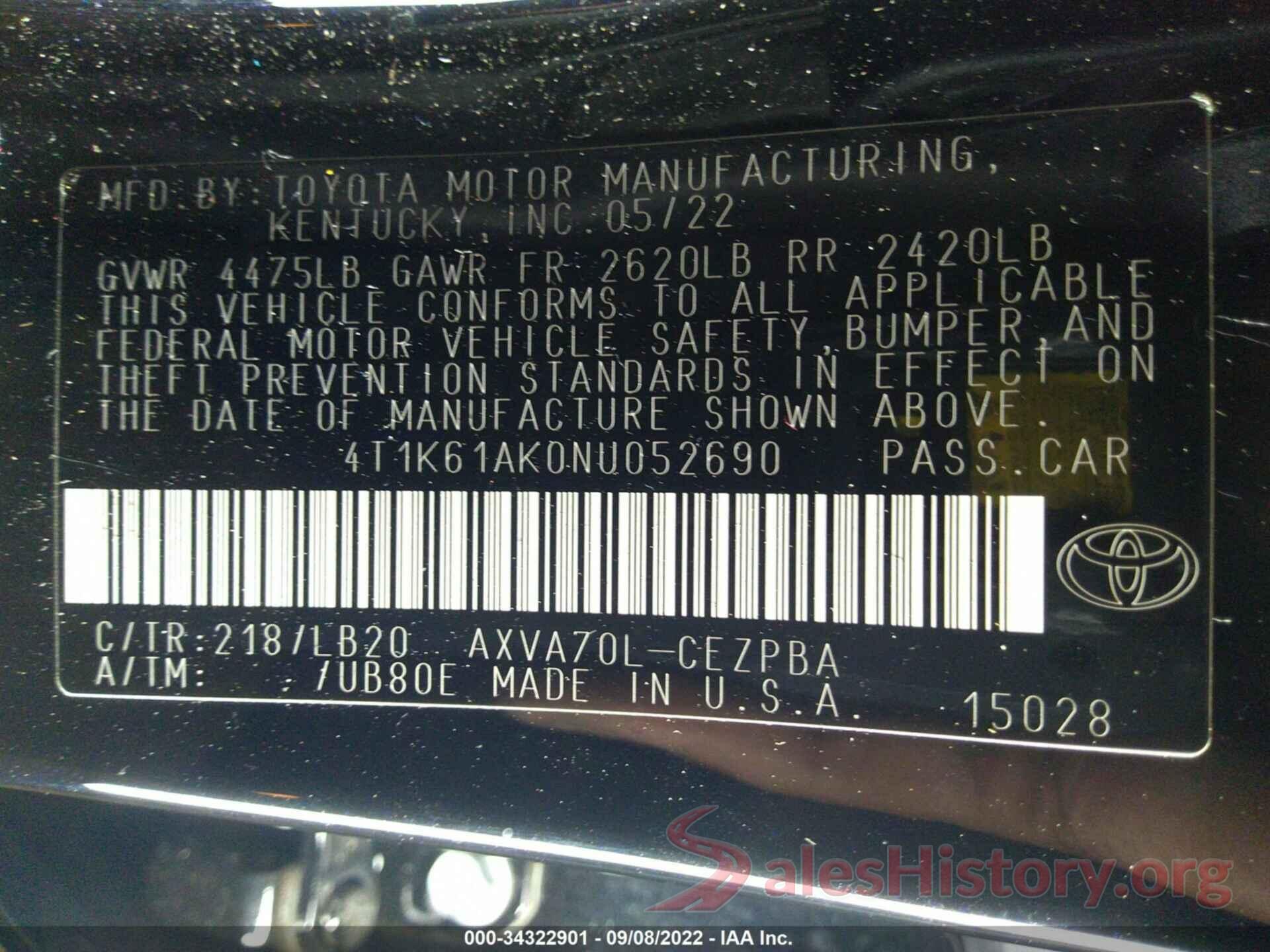 4T1K61AK0NU052690 2022 TOYOTA CAMRY