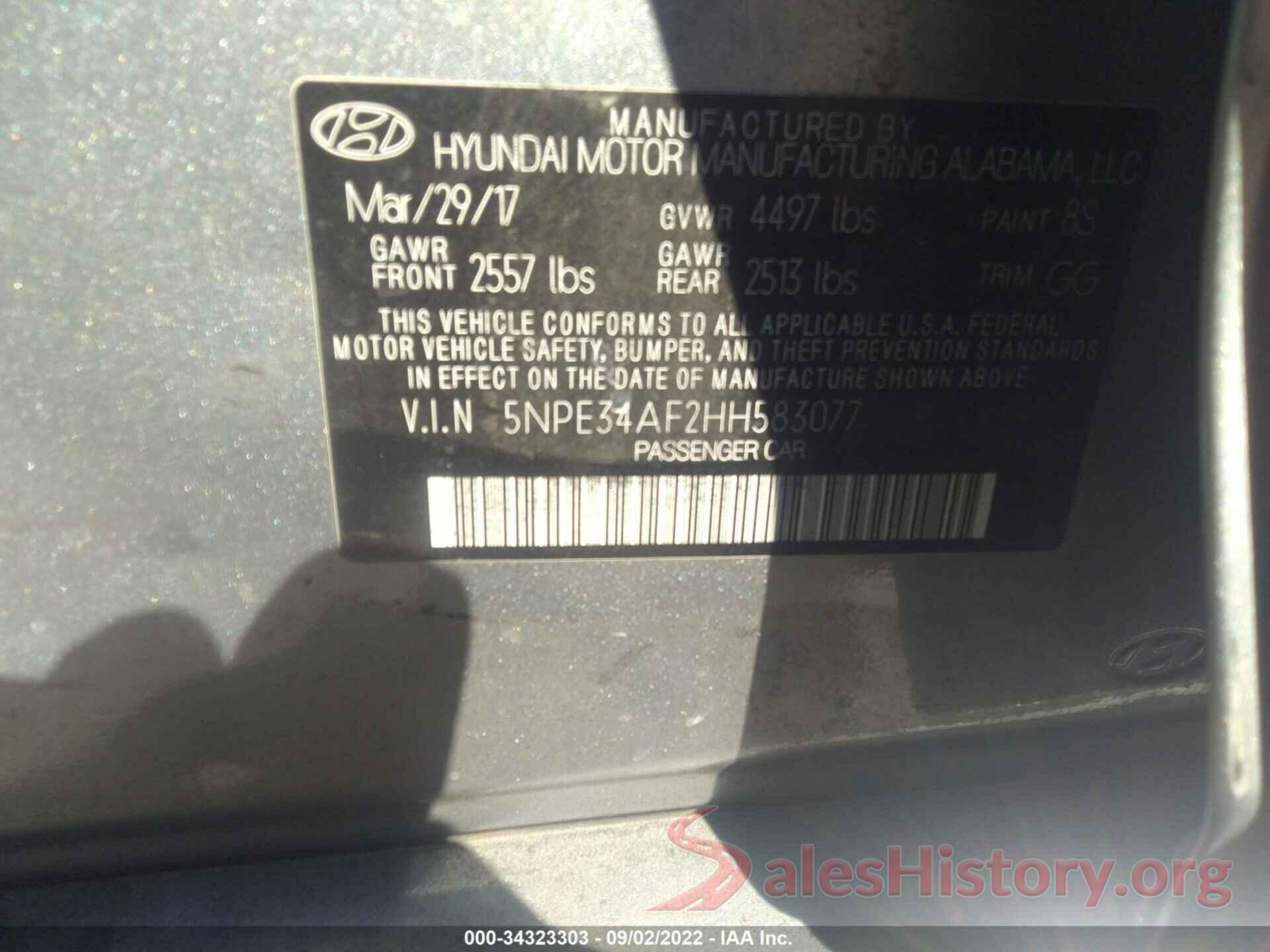 5NPE34AF2HH583077 2017 HYUNDAI SONATA