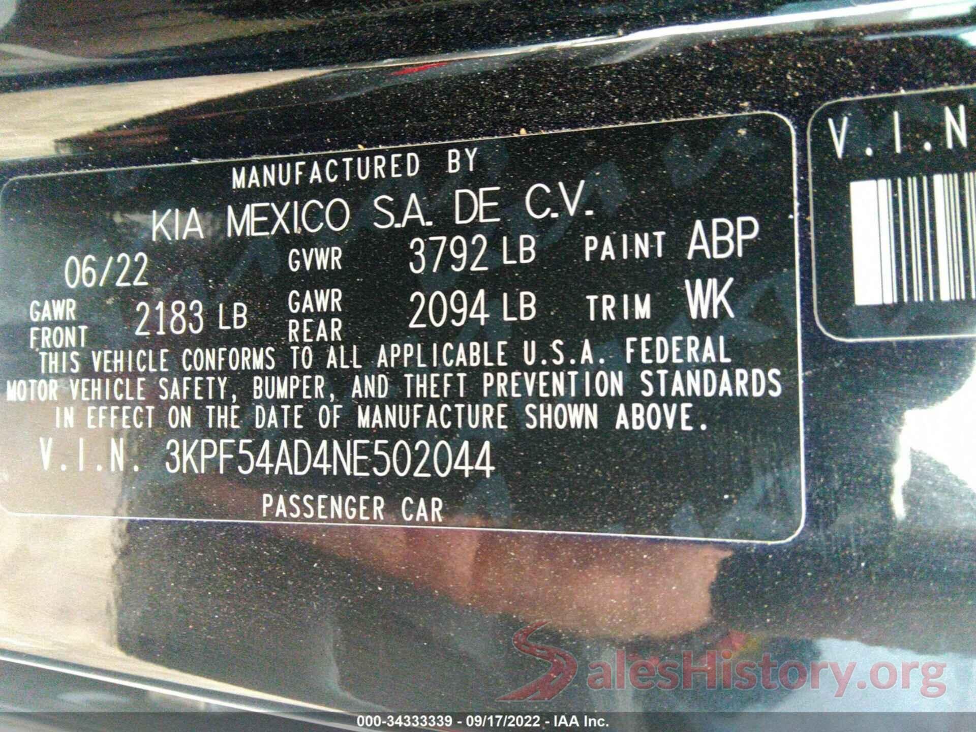 3KPF54AD4NE502044 2022 KIA FORTE