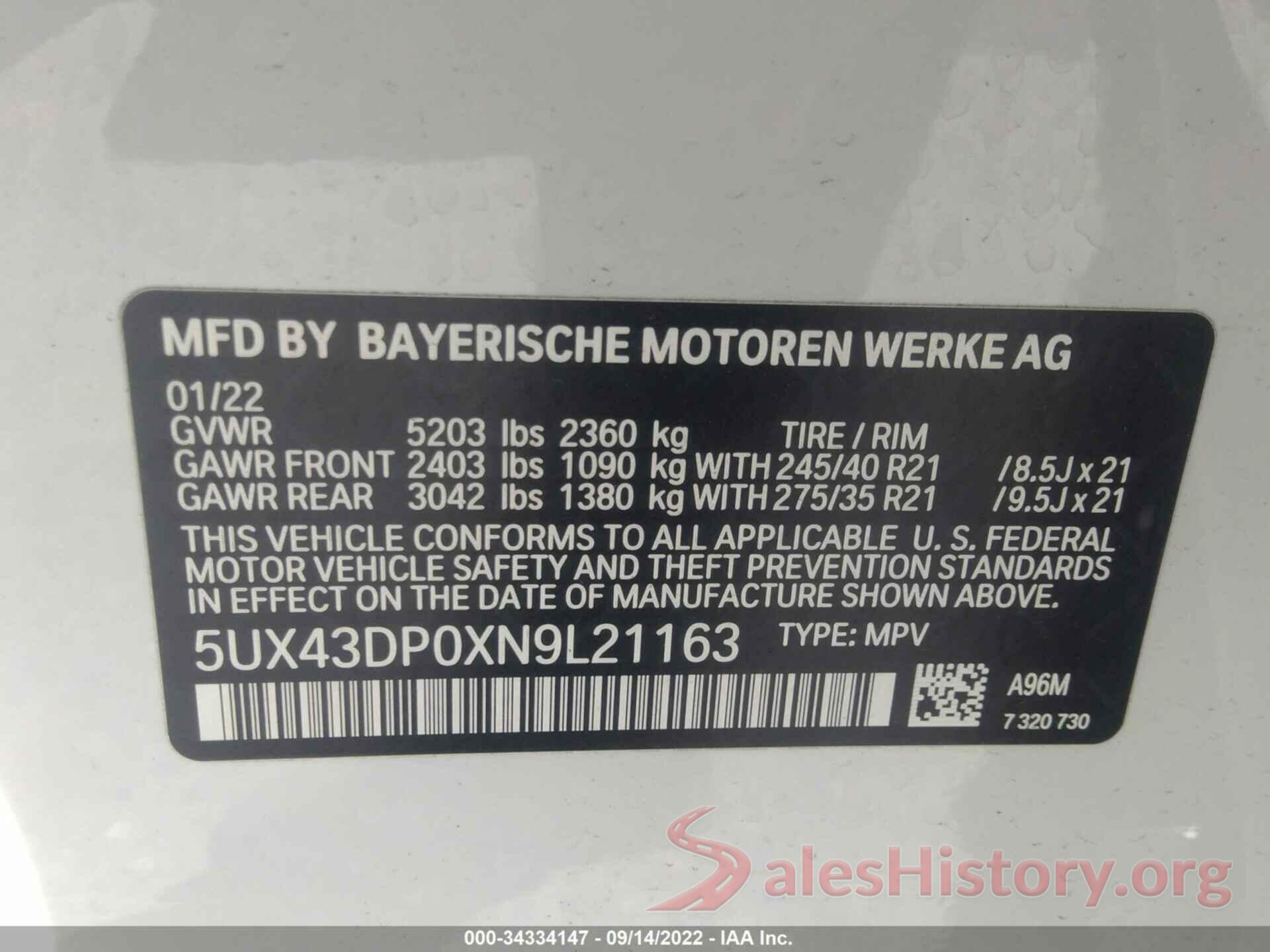 5UX43DP0XN9L21163 2022 BMW X3