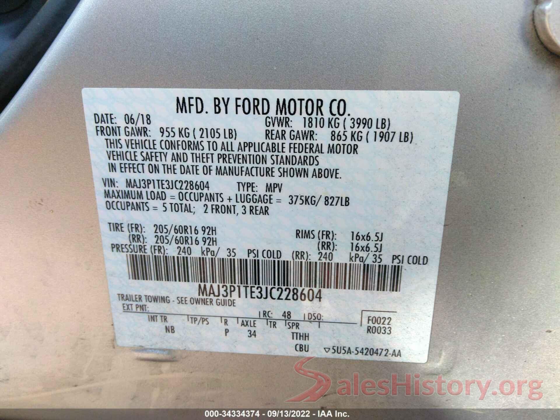 MAJ3P1TE3JC228604 2018 FORD ECOSPORT