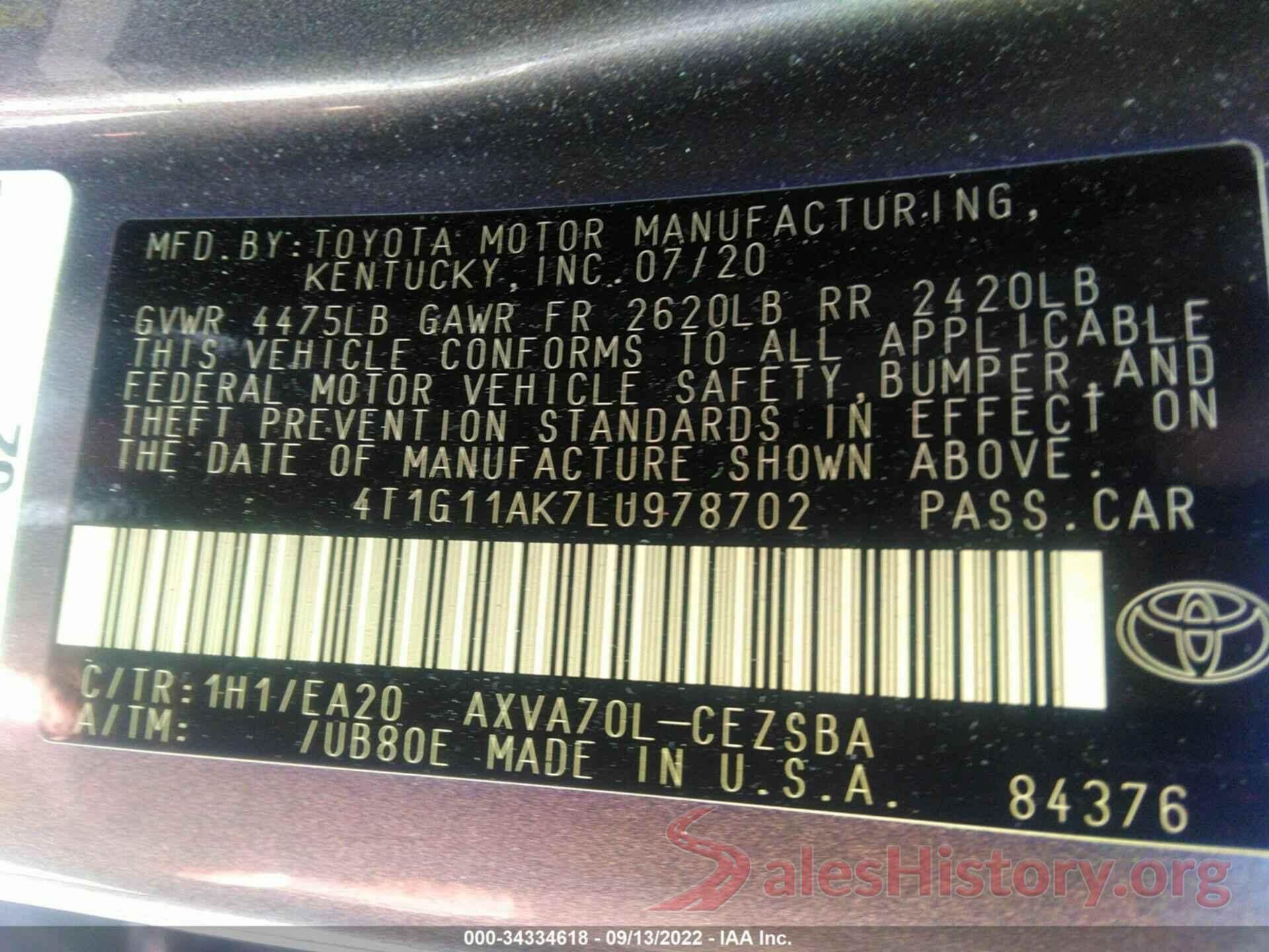 4T1G11AK7LU978702 2020 TOYOTA CAMRY