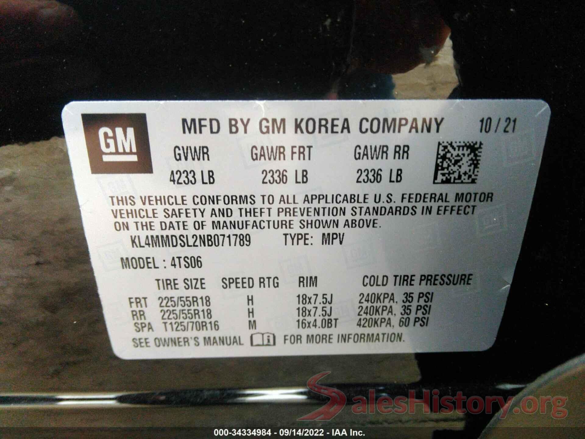 KL4MMDSL2NB071789 2022 BUICK ENCORE GX