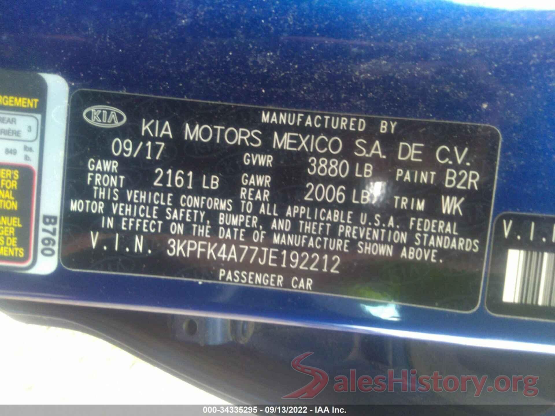 3KPFK4A77JE192212 2018 KIA FORTE