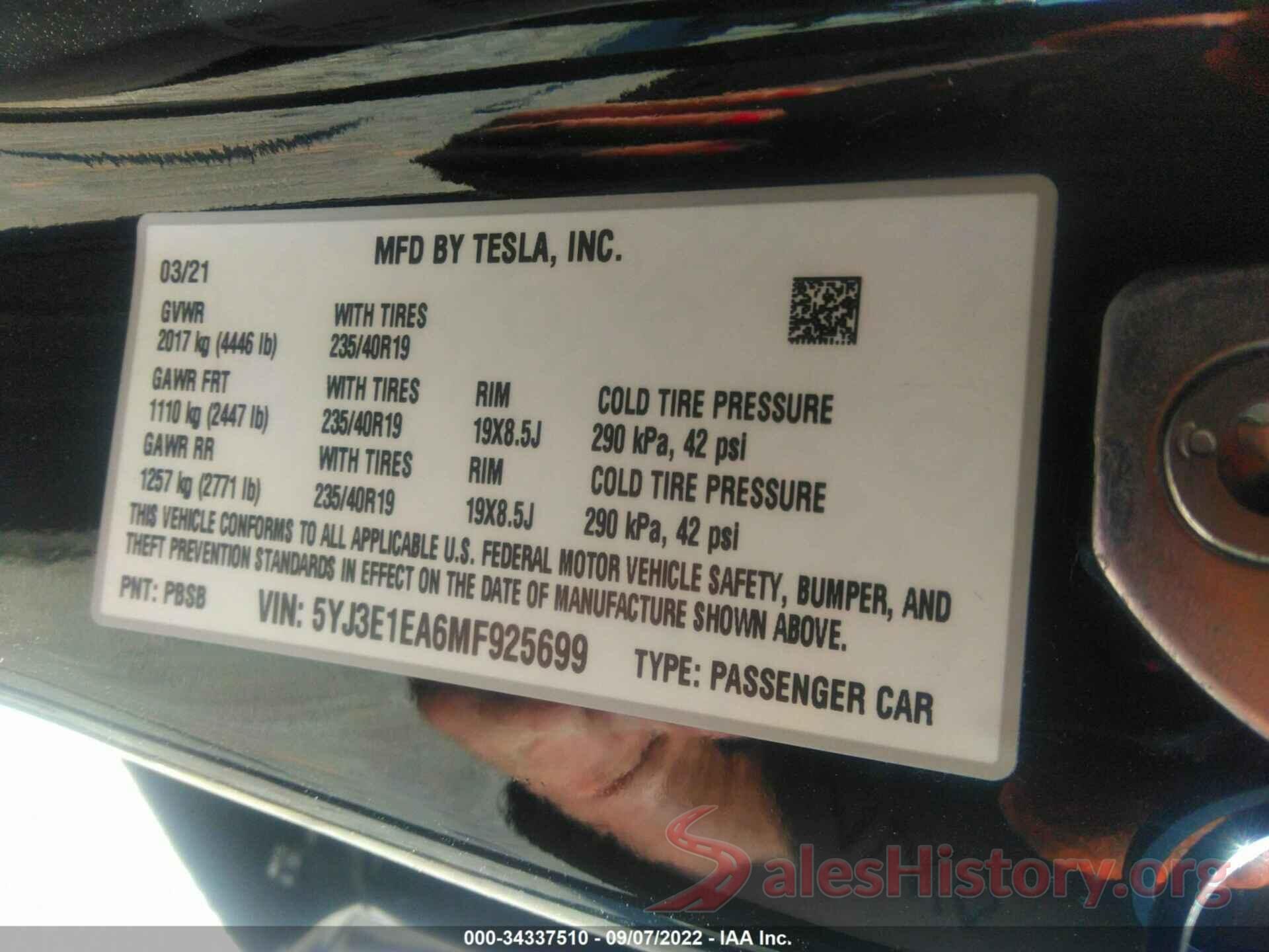 5YJ3E1EA6MF925699 2021 TESLA MODEL 3