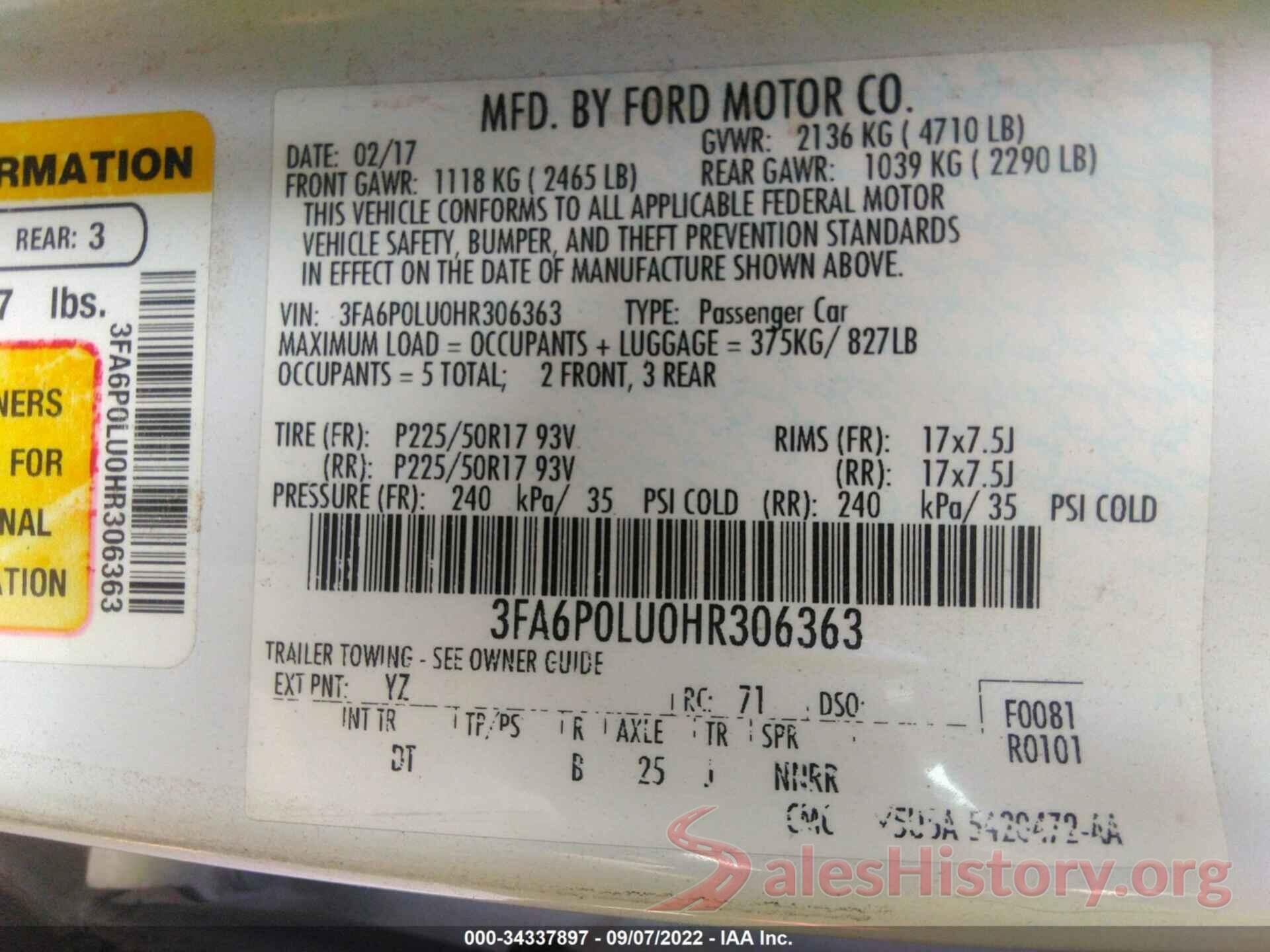 3FA6P0LU0HR306363 2017 FORD FUSION