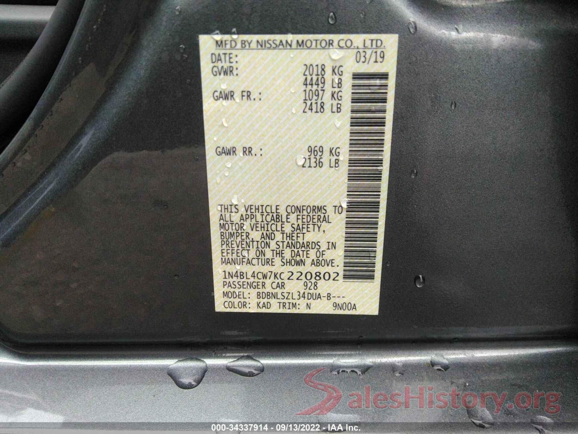 1N4BL4CW7KC220802 2019 NISSAN ALTIMA