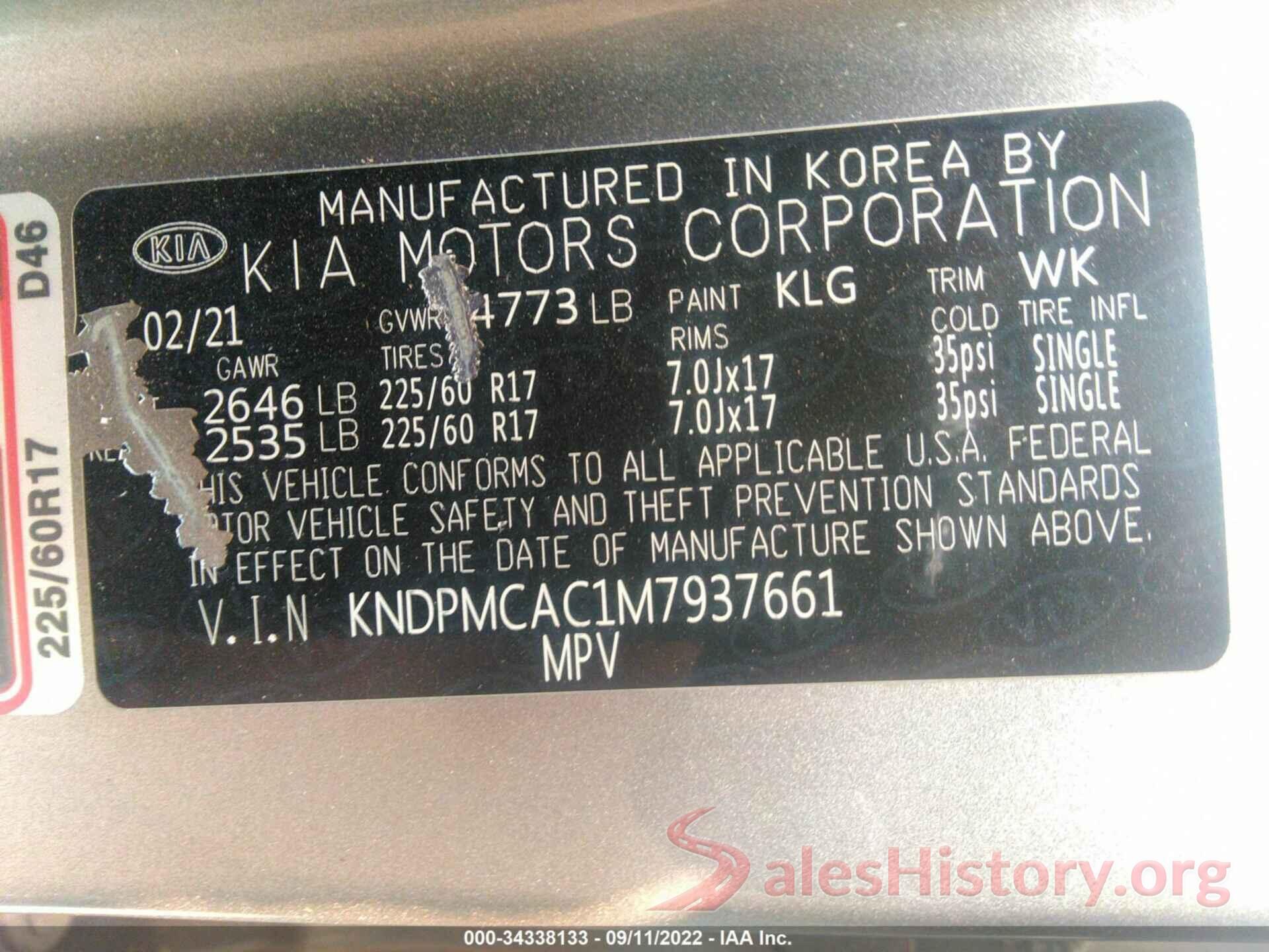 KNDPMCAC1M7937661 2021 KIA SPORTAGE