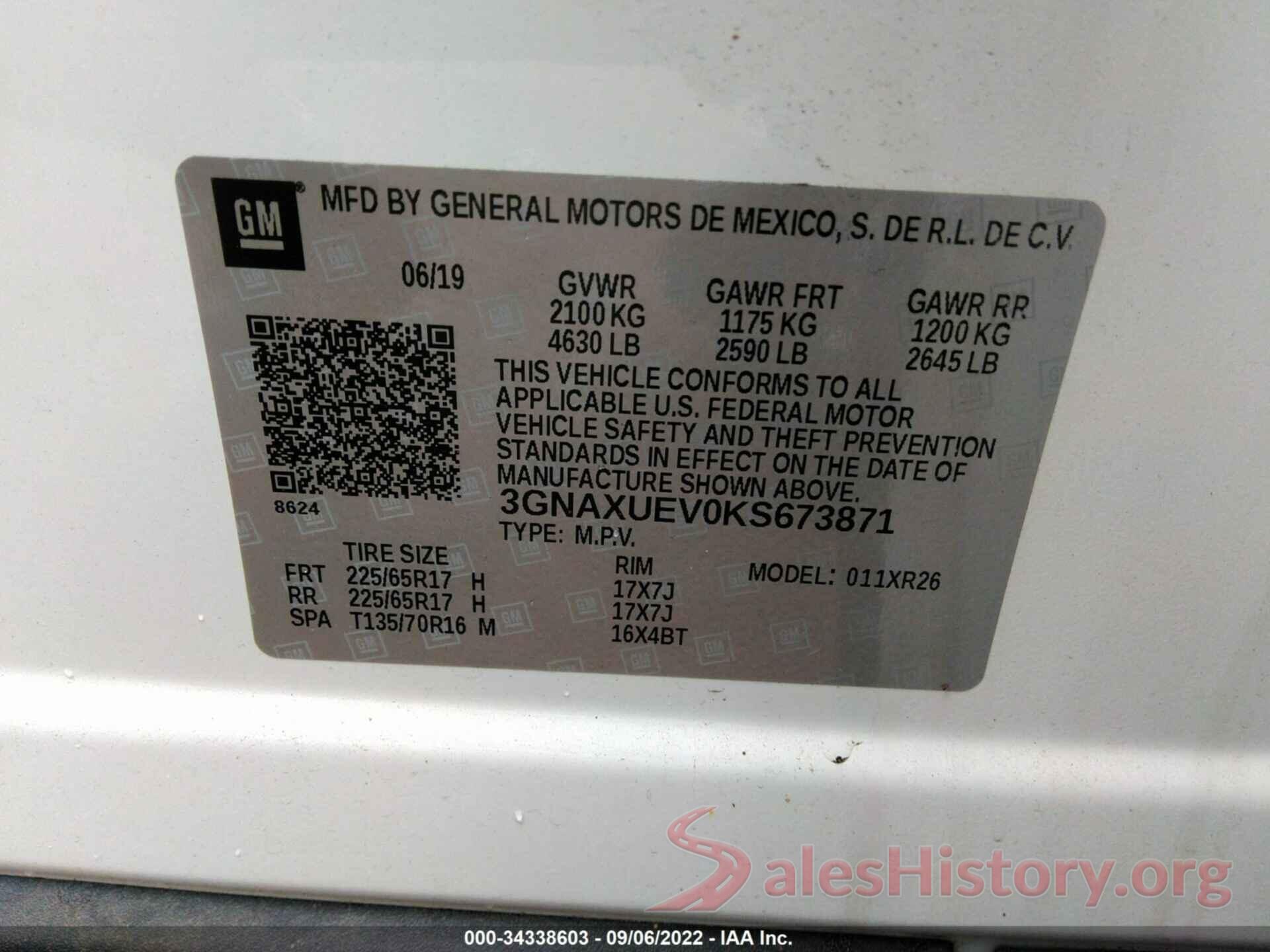 3GNAXUEV0KS673871 2019 CHEVROLET EQUINOX