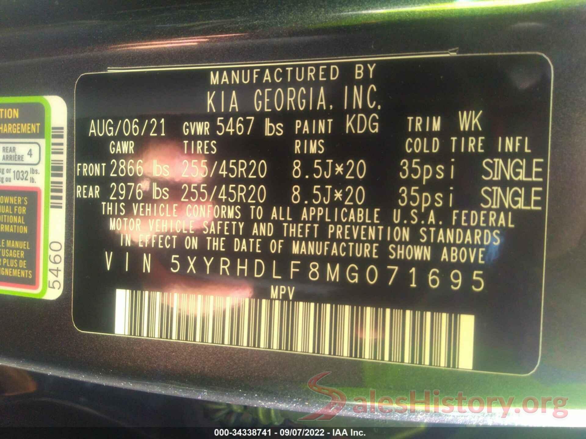 5XYRHDLF8MG071695 2021 KIA SORENTO