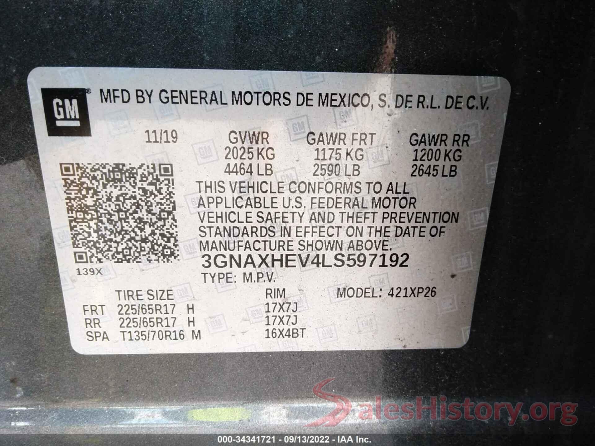 3GNAXHEV4LS597192 2020 CHEVROLET EQUINOX