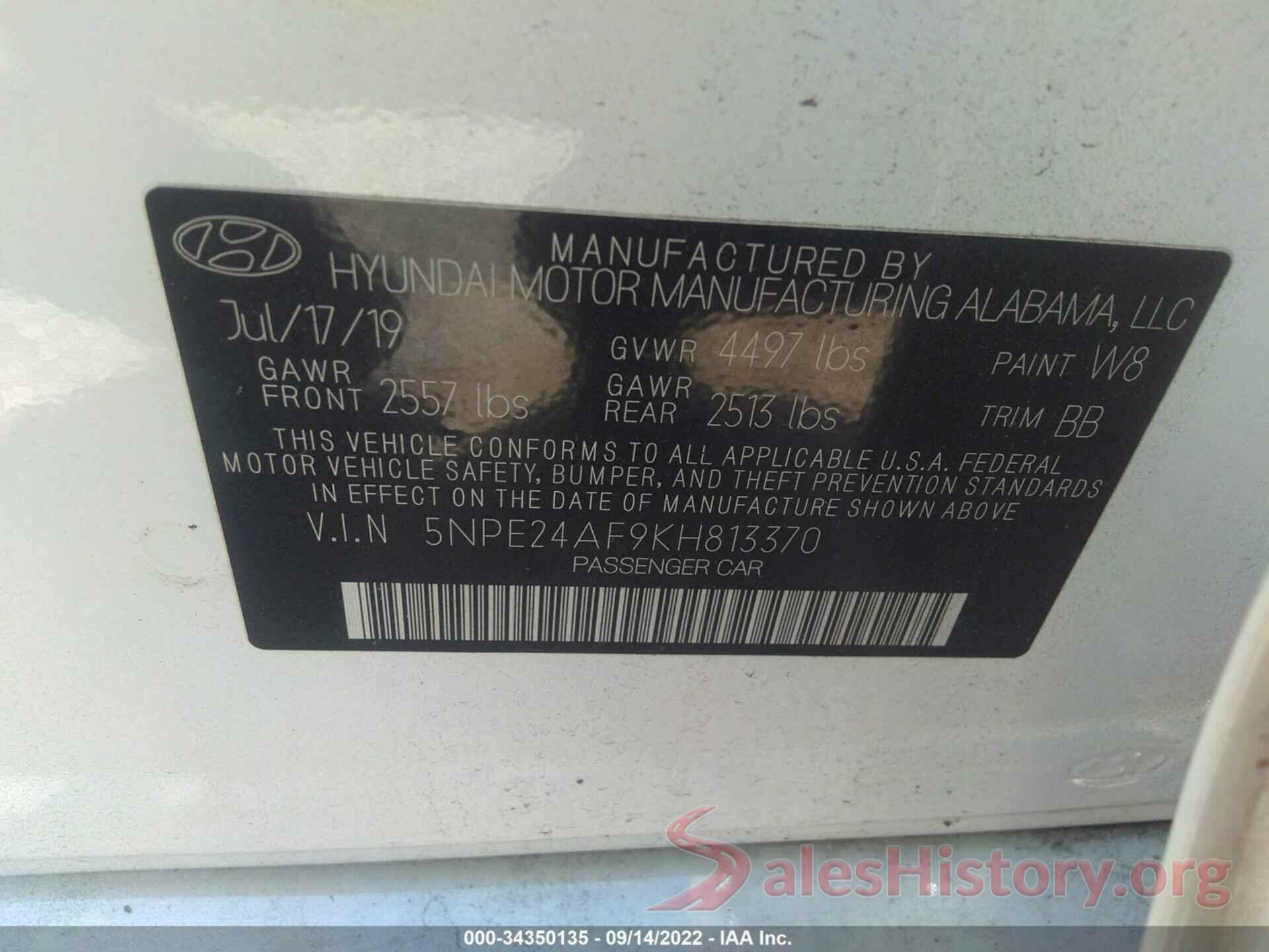 5NPE24AF9KH813370 2019 HYUNDAI SONATA